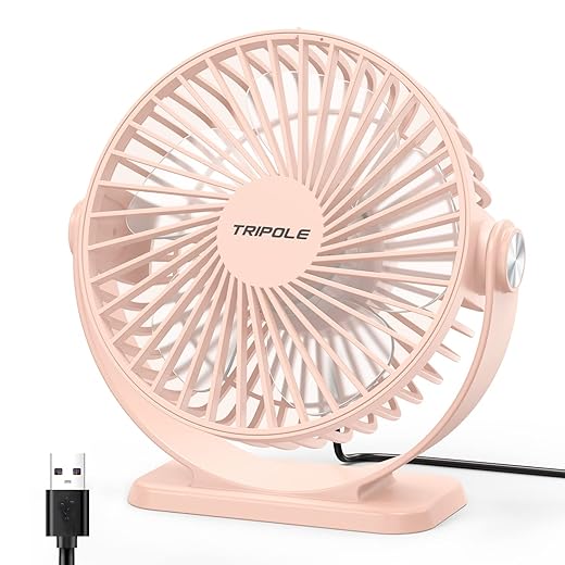 TriPole Mini Desk Fan USB Powered Portable Fan 3 Speeds Strong Airflow Small Fan 360°Rotation Personal Fan 5.1 Inch Table Fan for Home Office Bedroom Desktop, Pink, 4.9ft Cable