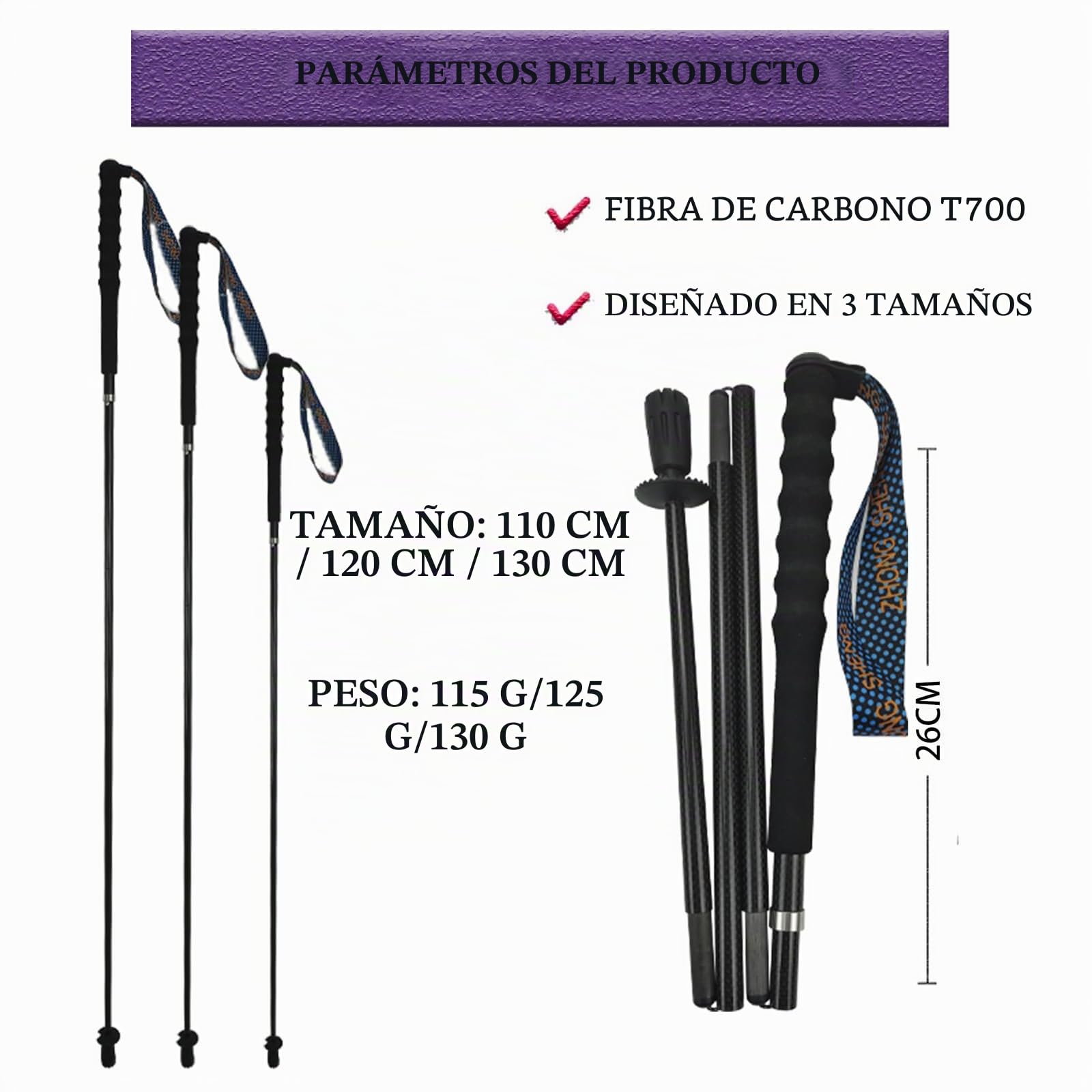 OKHEALING - Bastones de senderismo ultraligeros, plegables, juego de 2, fibra de carbono ultraligera, bastones de sendero con mango que absorbe la humedad, con bolsa de almacenamiento