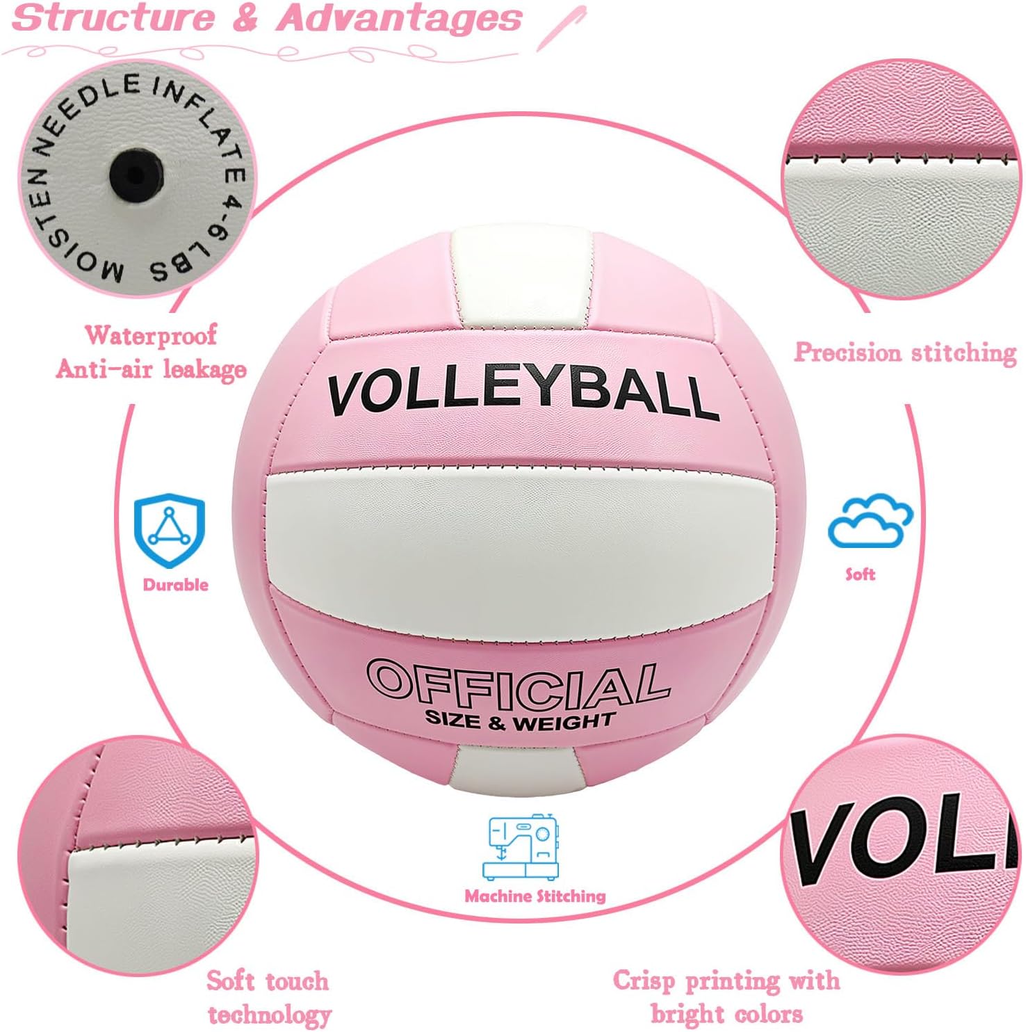 Volleyball Official Size 5 Volleyball for Indoor Outdoor, Soft Touch Volleyballs for Adults Beach Play Pool Game Gym Training Play, Durable Design, with Ball Pump