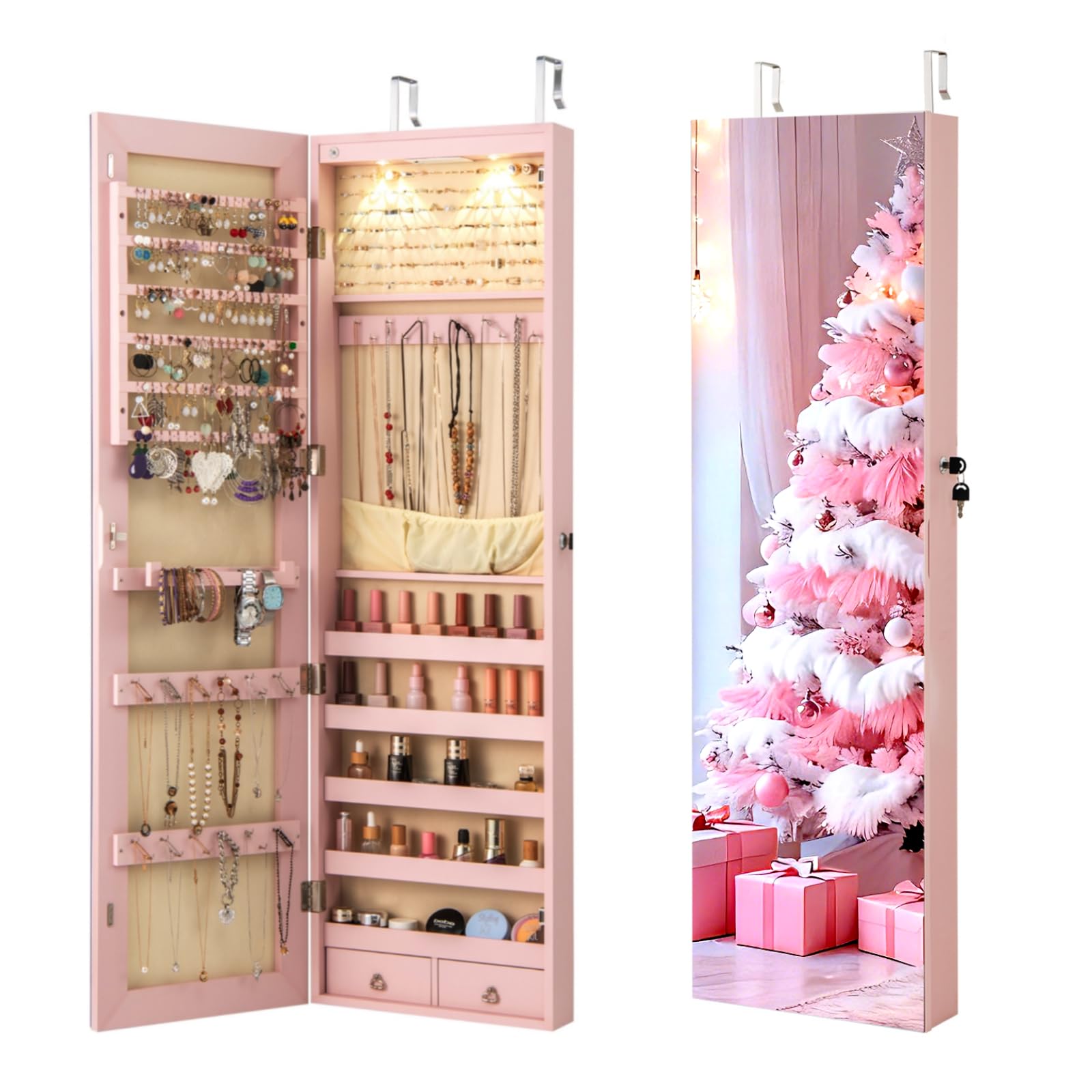 NAFORT 2 LEDs Jewelry Armoire with Full Length Mirror, Lockable Hanging Jewelry Organizer Cabinet with Categorical Storage, Wall or Door Mounted Jewelry Box with 2 Drawers for Cosmetic, Light Pink