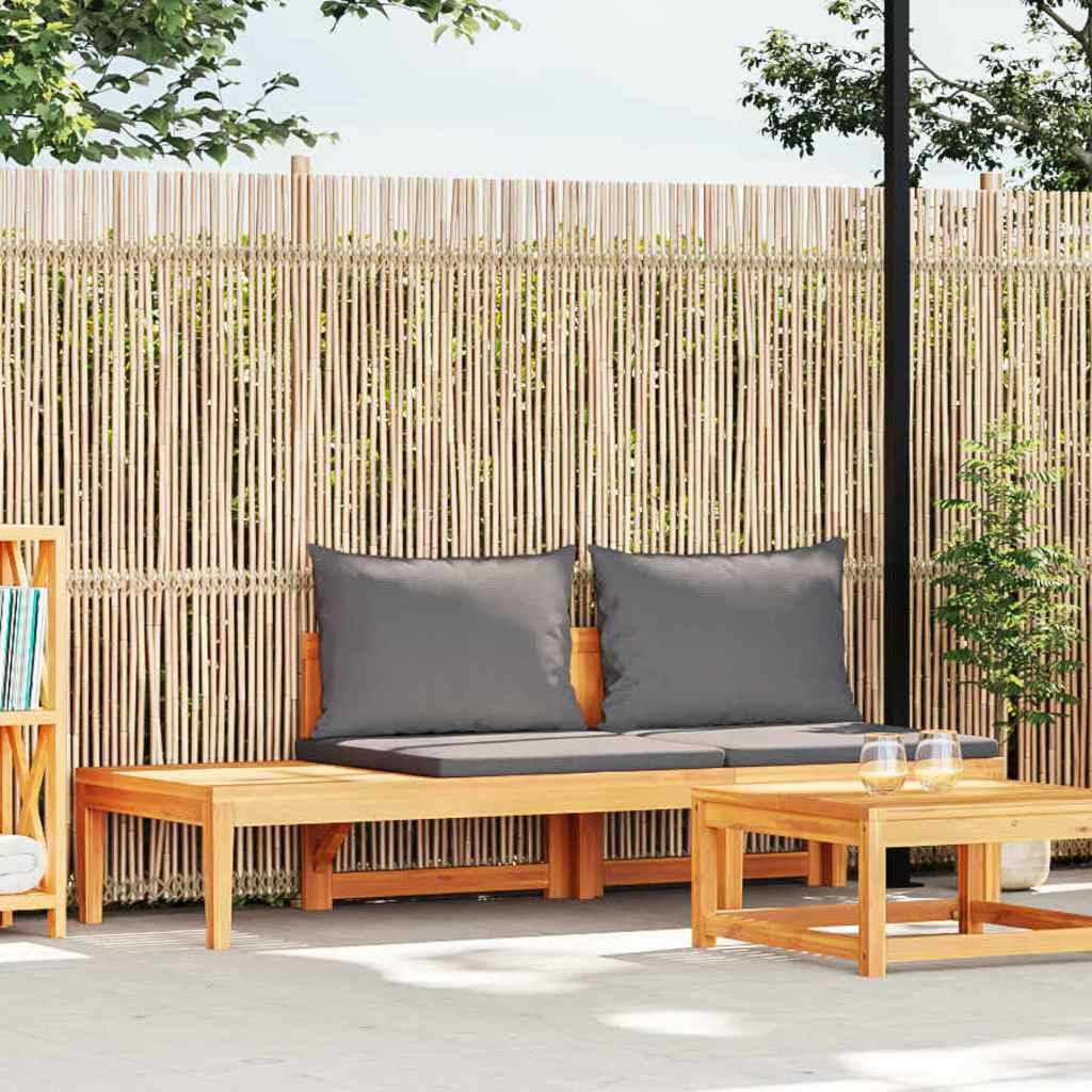 Gartenbank mit integriertem Tisch, dunkelgrauen Kissen, aus massivem Akazienholz für den Außenbereich, langlebige Terrassenmöbel