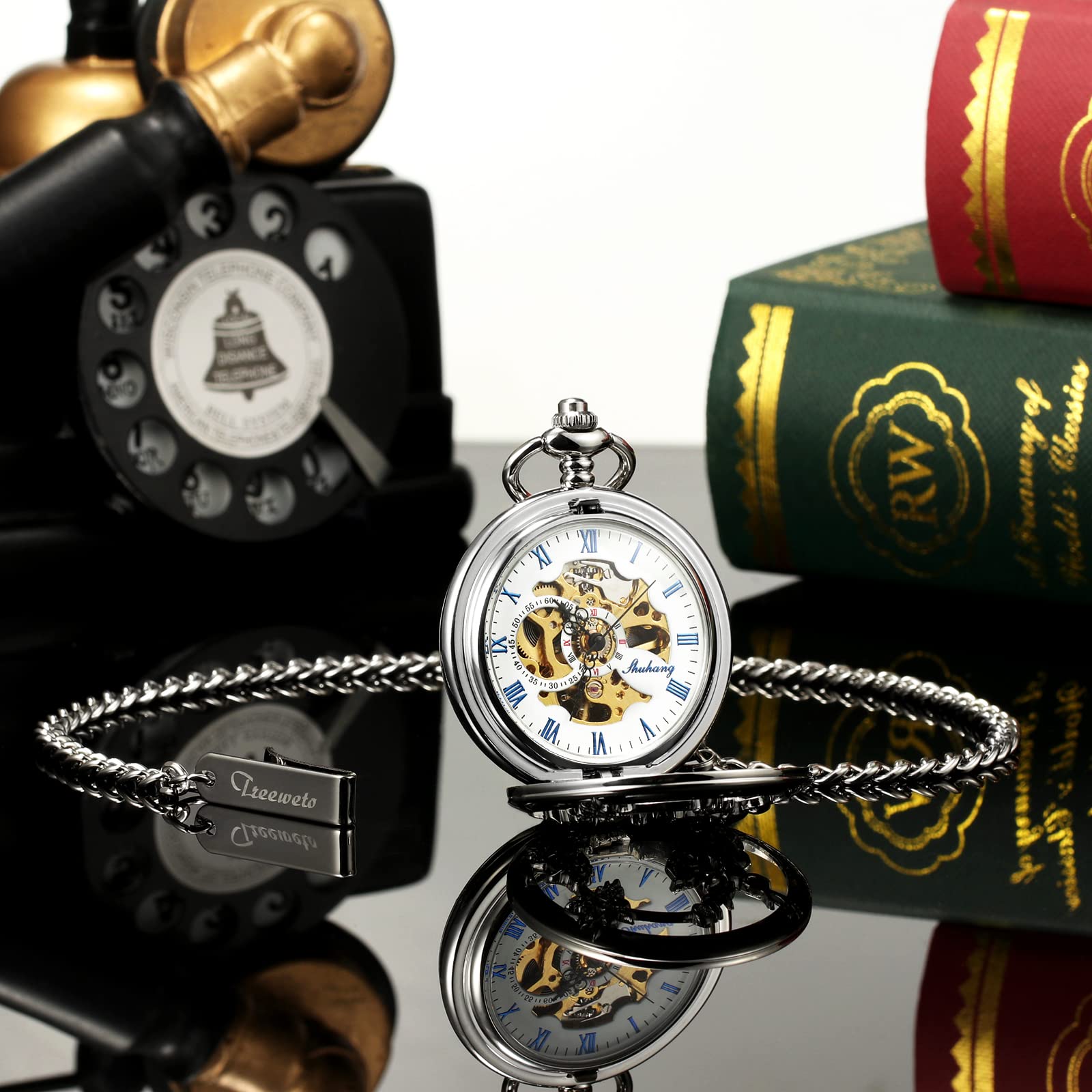 TREEWETO Unisex Taschenuhr Analog Handaufzug Retro Rentier Skelett Römische Taschenuhren mit Kette für Herren