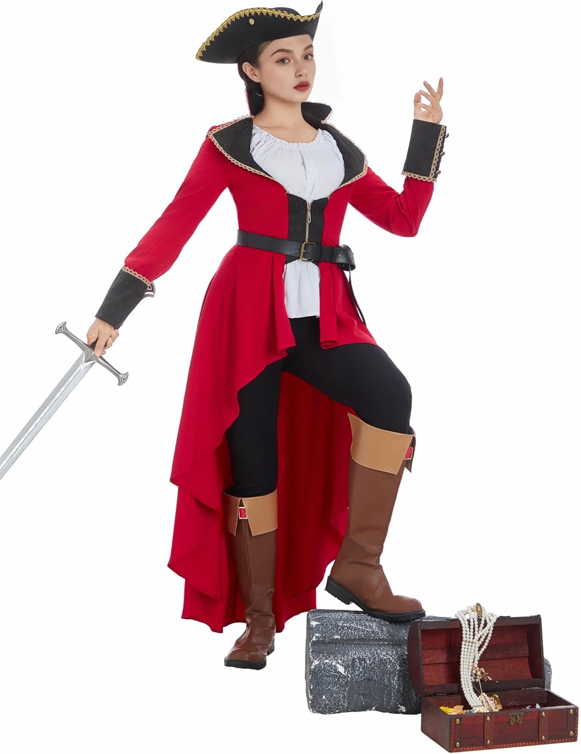 Cosplay.fm Women Pirate Costume Swashbuckler Captain Jacket Victorian Gothic Vintage Tailcoat with Parite Hat and Belt