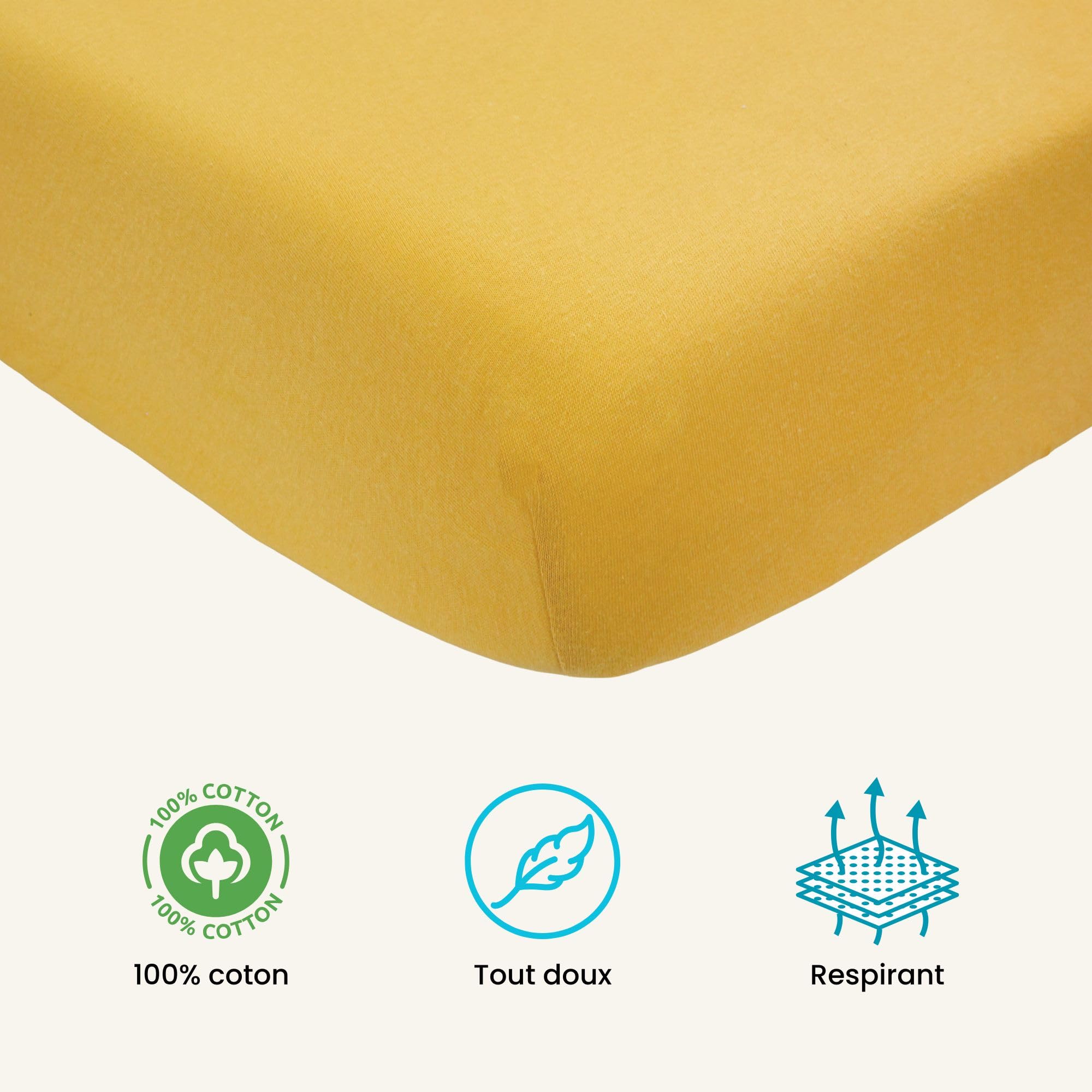 Trois Kilos Sept - Lenzuolo con Angoli Bambino - 60 x 120 cm - 100% Cotone - Jersey Elasticizzato - Mostarda