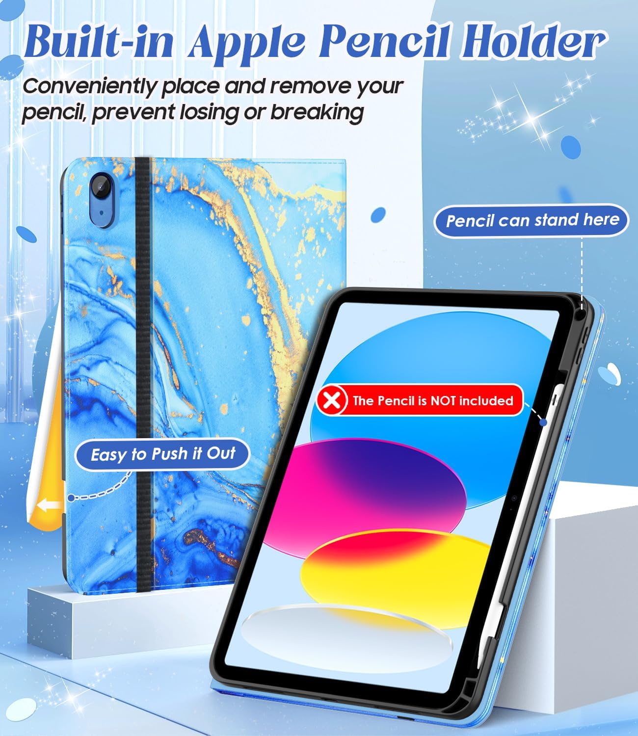 Case for iPad 11 inch (A16) 2025, for 10th Generation 10.9'' 2022, Leather iPad 11th/10 th Gen Protective Cover with Auto Sleep/Wake, Pencil Holder, Pocket Design for Women Men, Marble Blue - Image 5