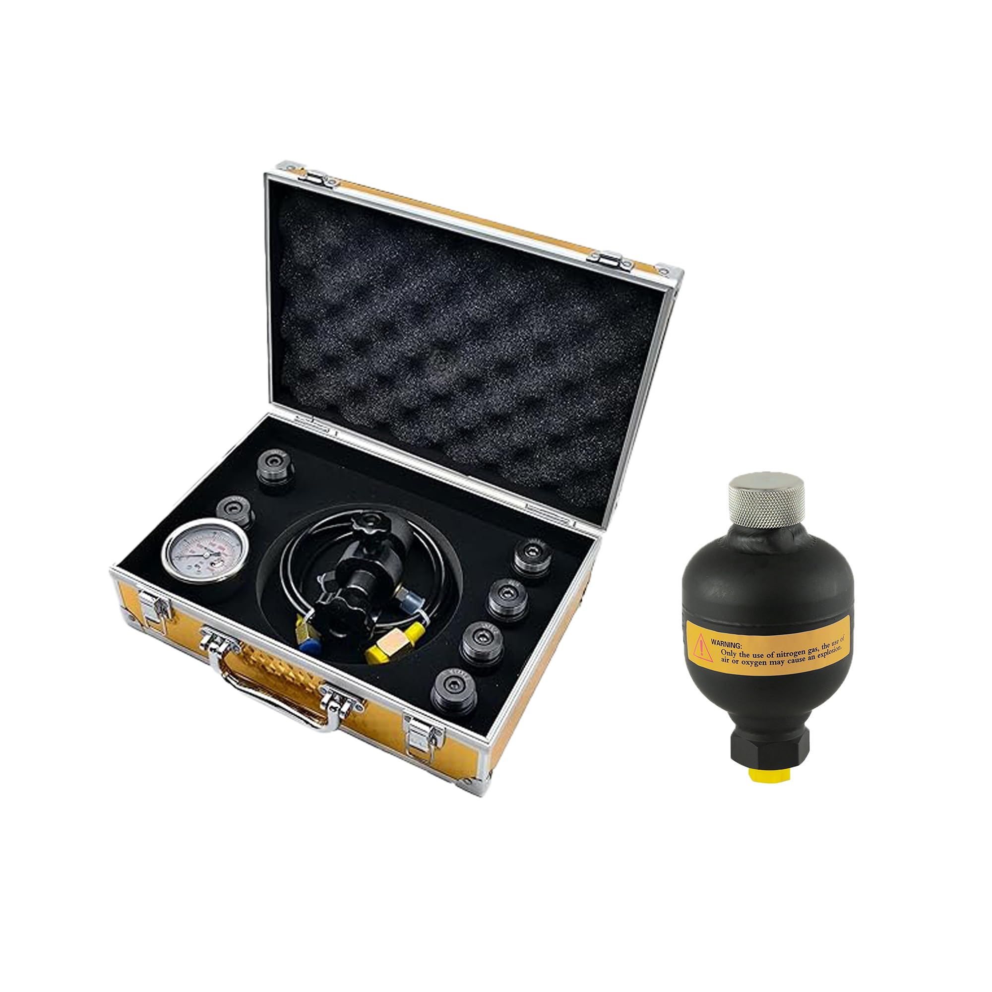 Sistema de carga de nitrógeno para acumulador de diafragma e hidráulico, M28 x 1,5, con 7 adaptadores, 1 manómetro, rosca G1/2 para acumulador de diafragma y 1 manguera de gas (TieMin-G12-016-FPU)