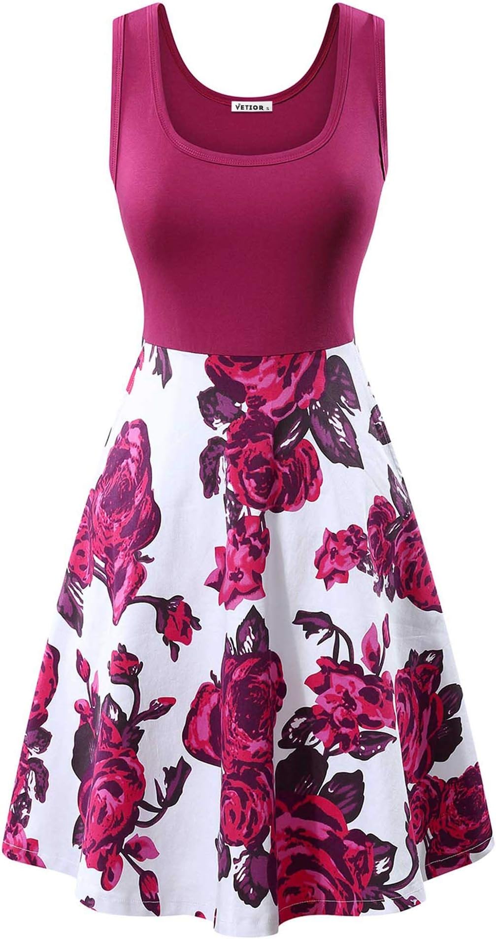 VETIOR Tank Dress, Women's Sleeveless Scoop Neck Floral A-Line Patchwork Dress Rose