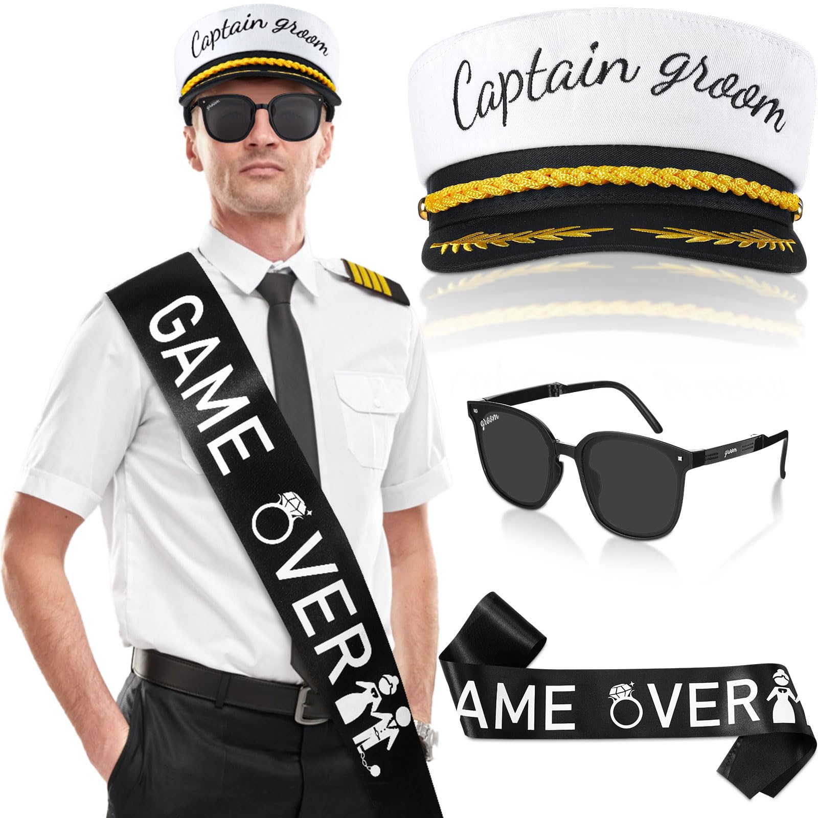JaGely 3 Pcs Bachelor Party Accessories for Groom Set Includes Captain's Hat Groom Sunglasses Groom Sash Bridal Shower (Stylish Style)