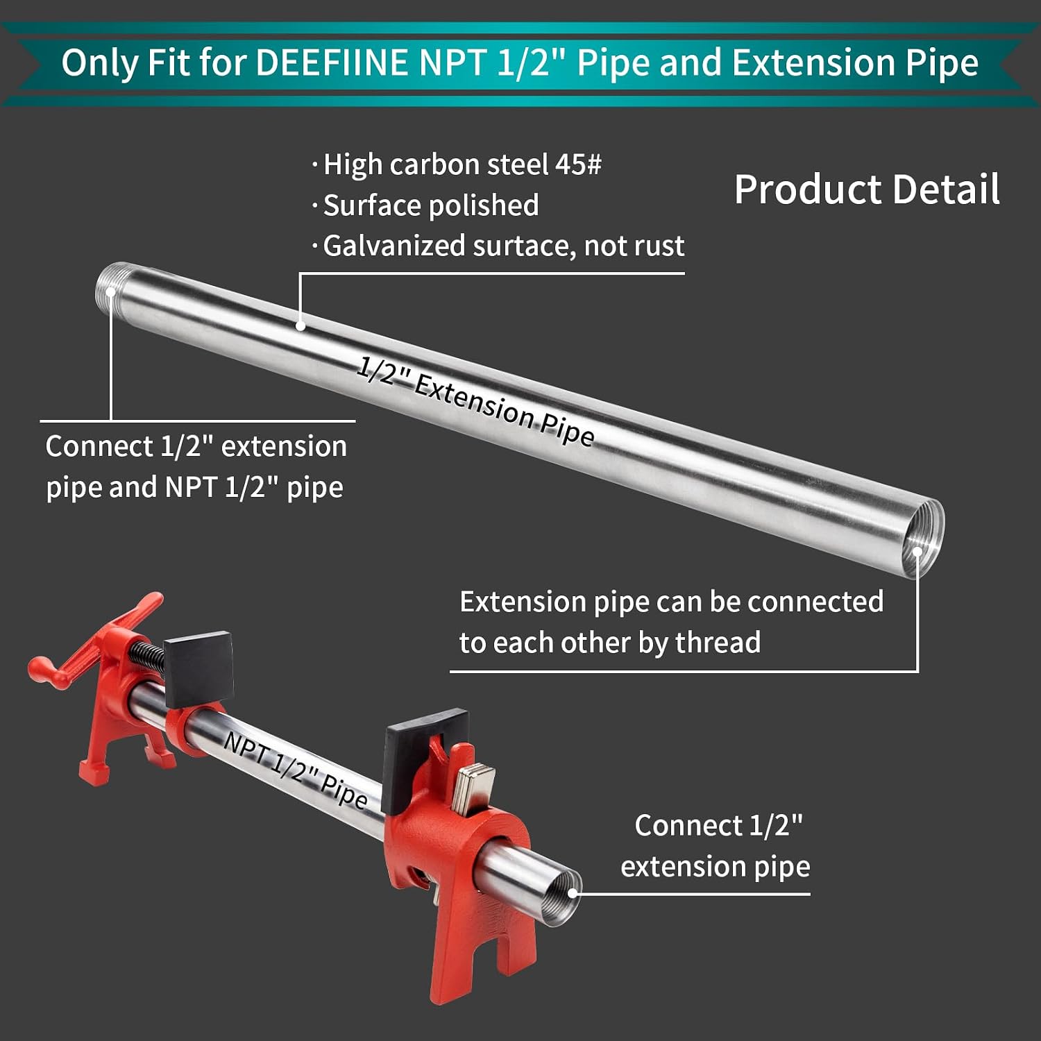4pcs 15'' Extension Pipe Fit for Metal Pipe of 1/2" Pipe clamps
