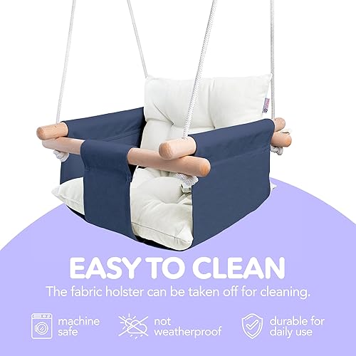 Miniatura 6 de CaTeam - Columpio de lona para bebé, silla colgante de madera con cinturón de seguridad, columpio duradera para bebé, columpio para exteriores e
