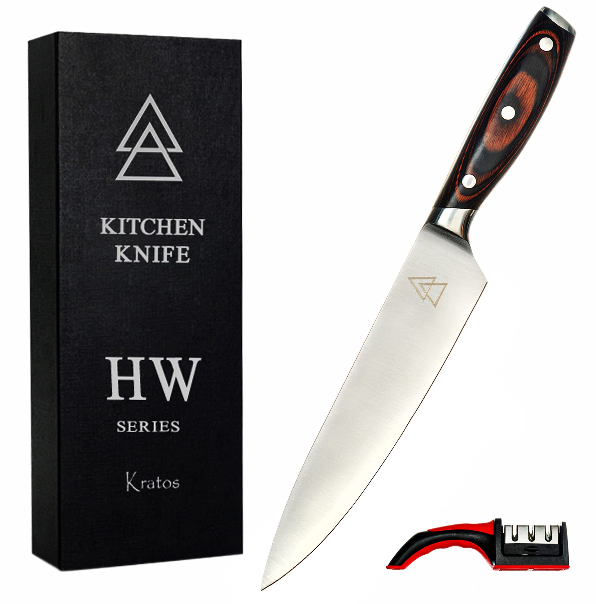 Kratos HW1 Chef Knife 3 Stage Sharpener 8" Full Tang Wood Style