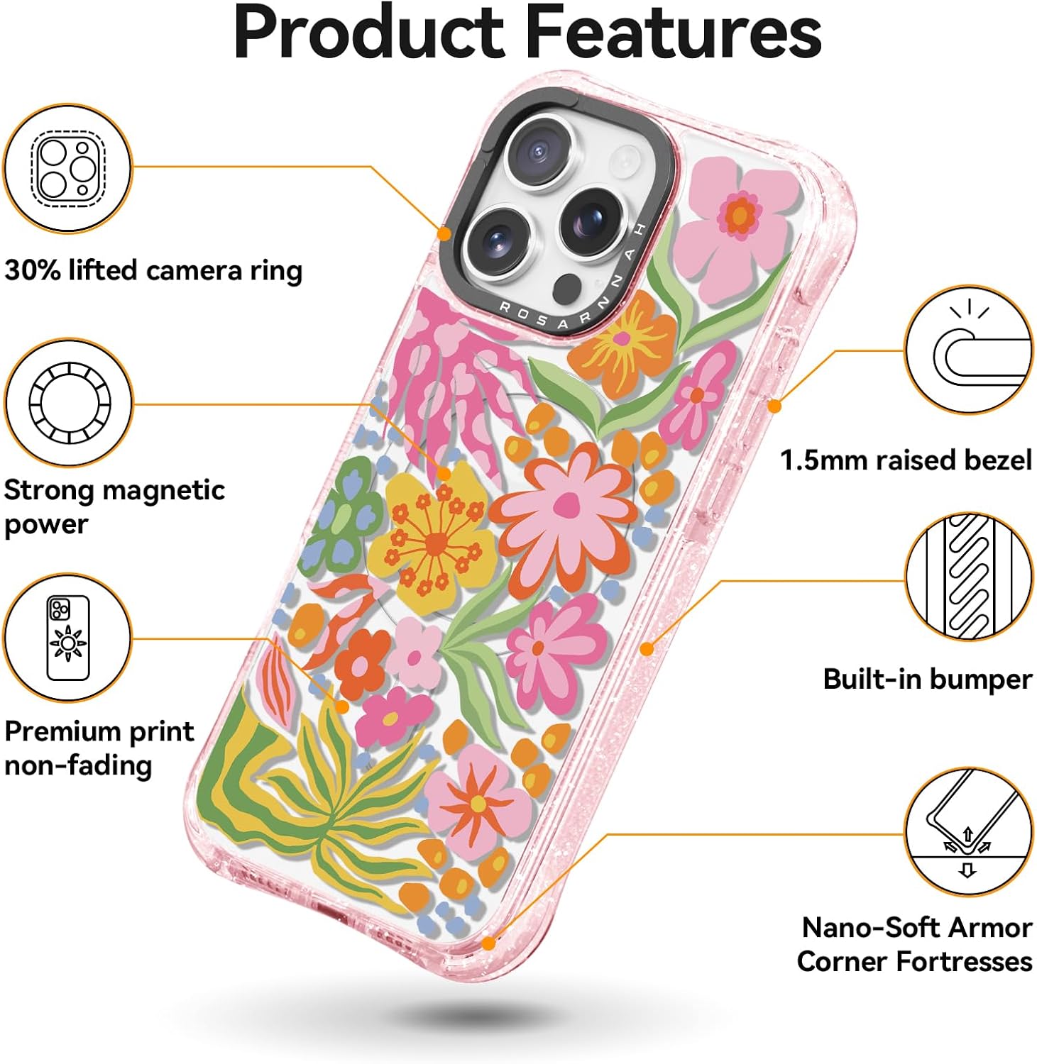 Rosarnnah for iPhone 16 Pro Case Cute - Compatible with Magsafe - Military-Grade 20 ft Drop Protection Shockproof Phone Case - Funny Passion Flower Design (6.3") Glitter Pink