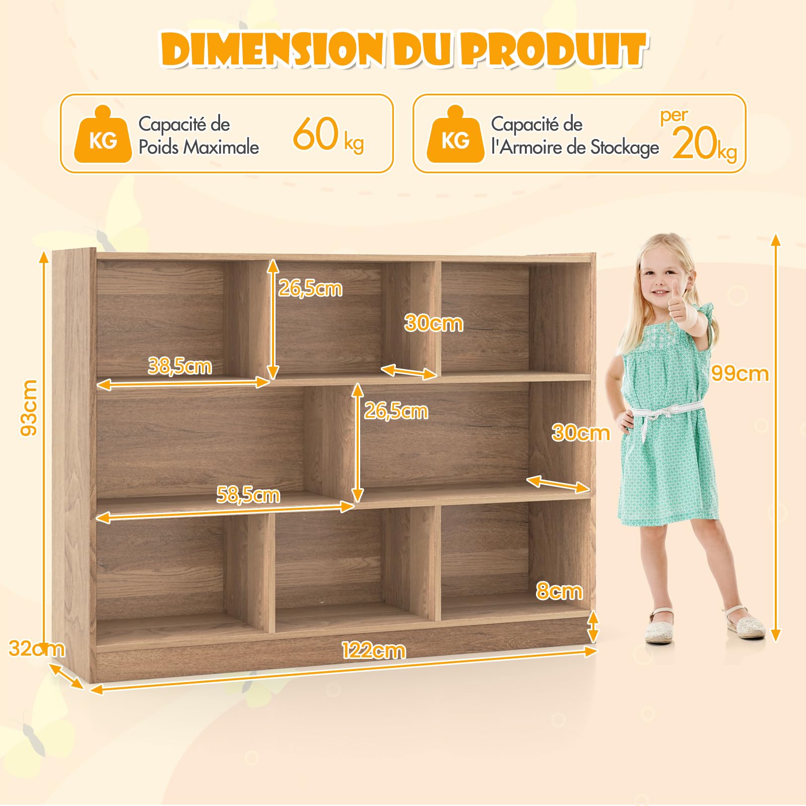 DREAMADE Bibliotheque Enfant 122x32x93CM à 3 Niveaux avec 8 Compartiments, Coffre à Jouets Enfant en Bois Charge 60KG,Étagère de Rangement Filles Garçons pour Jouets&Livres (Naturel)