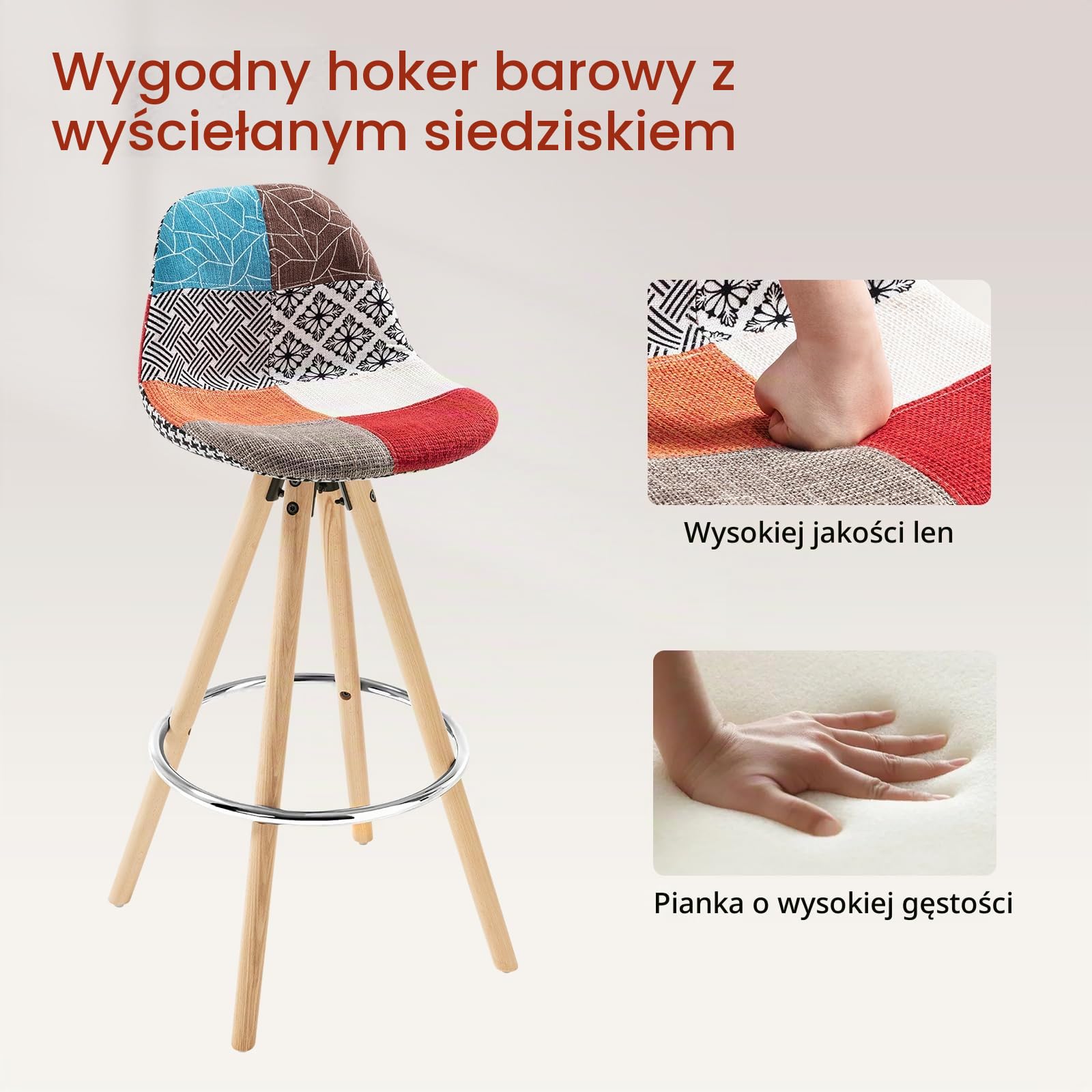 WOLTU 2 x stołek barowy, zestaw 2 krzeseł barowych z lnu, drewniana rama z oparciem + podnóżek, krzesło kuchenne, optymalny komfort, patchwork, wielokolorowe, BH45mf-2