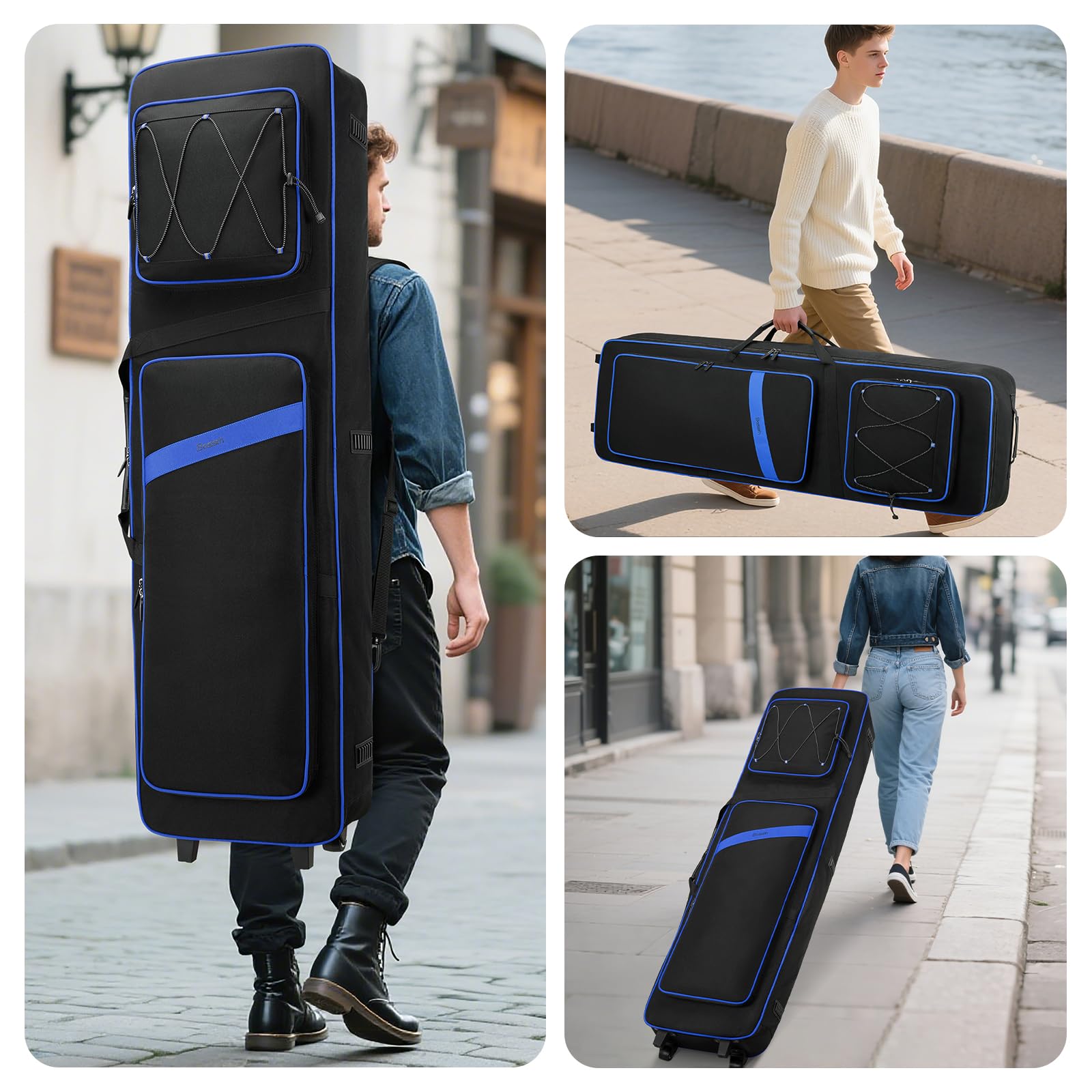 BOSSTIN 88-Tasten-Keyboard-Tasche mit Rollen, Innenmaße: 135,9 x 38,1 x 17,8 cm, wasserdicht, gepolstert, Rolling Gigbag, Keyboard, Klaviertasche für 88 Tasten Klaviertastatur (blau)