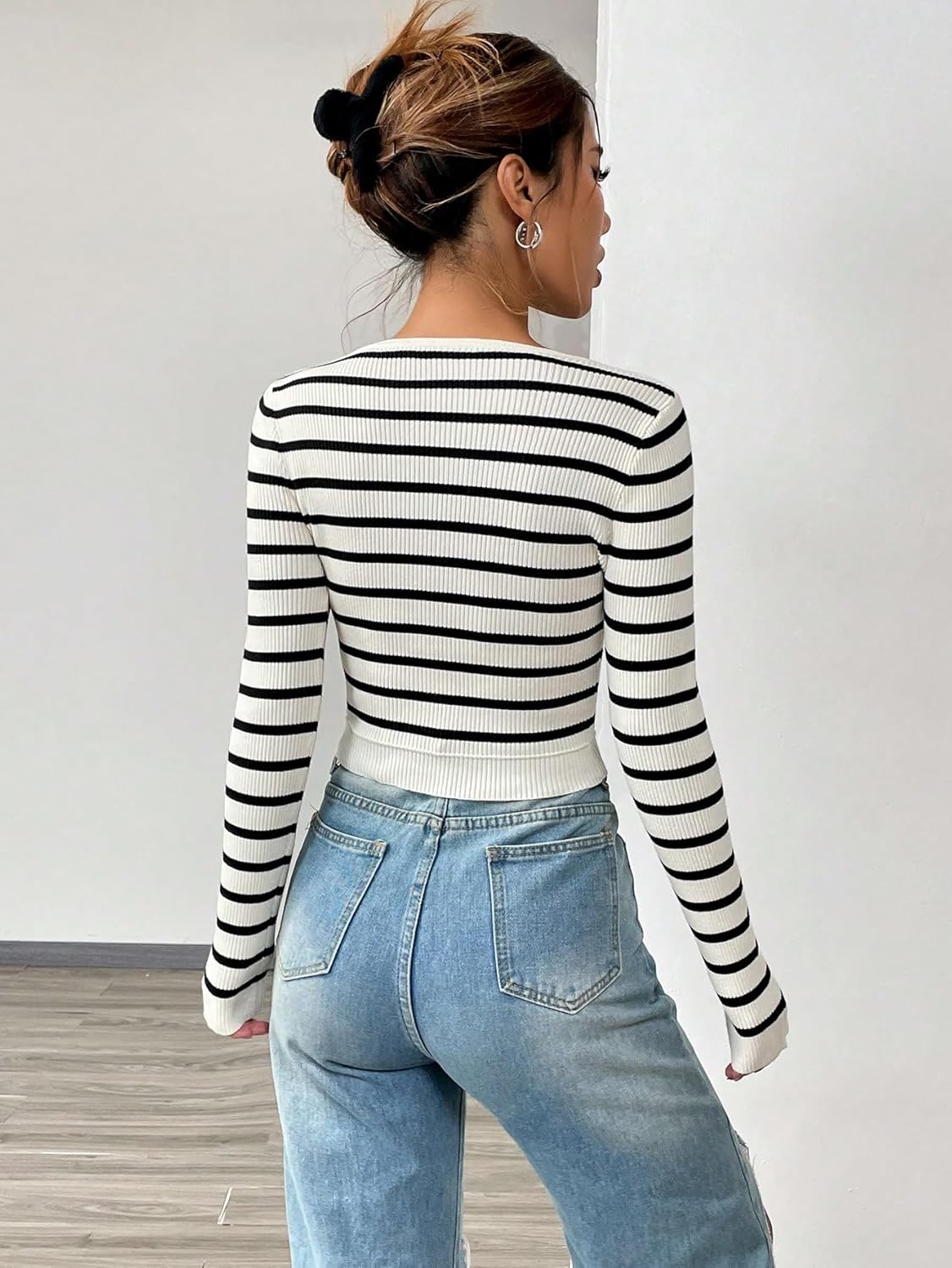 Women's Sweater Striped Pattern Scoop Neck Crop Sweater Sweater for Women (Color : Multicolor, Size : Medium)