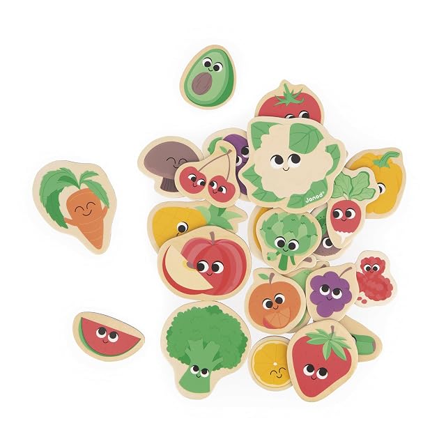 Janod - 24 Imanes Magnéticos de Madera - Tema Frutas y Verduras - Juguete de Madera - Ideal para Pizarra o Nevera - Juego Magnético Educativo, para Manipular - A Partir de 2 Años