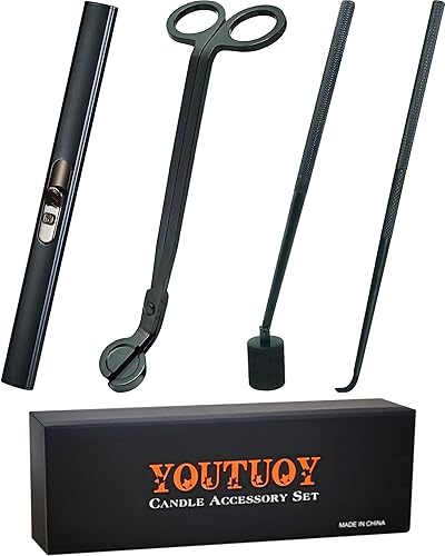 Juego de accesorios para velas 4 en 1 con encendedor de velas recargable, recortador de mecha de vela, desinflador de mecha de vela, kit de cuidado