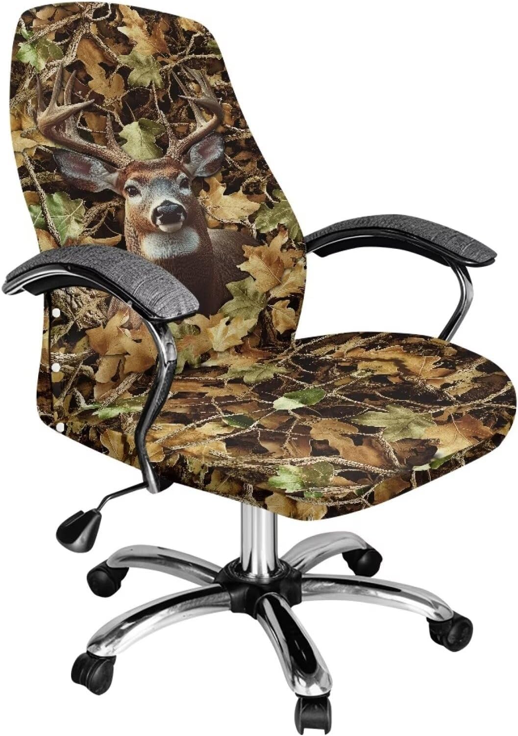 Wanyint Deer Camo Hunting Forest Yellow Office Chair Cover Soft Rotating Boss Chair Slipcover for Armrest Chairs Removable Swivel Chair Slipcover Elastic Spandex Fabric Cover, L