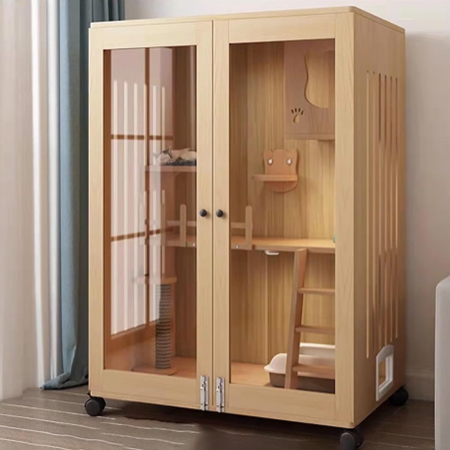 Cat Cage Wood, Cat Houses for Indoor Cats, Cat Playpen with Top Cover, Cat Enclosure with Night Light and Universal Wheels for Small Animals(90x60x120cm)
