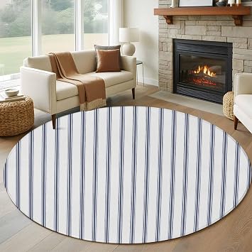 Navy Blue Striped Round Area Rug 5 FT, Indoor Outdoor Rug, Navy Blue White Stripes Farmhouse Washable Circular Carpet Non-Shedding Floor Mat for Coffee Table Nursery Foyer Balcony
