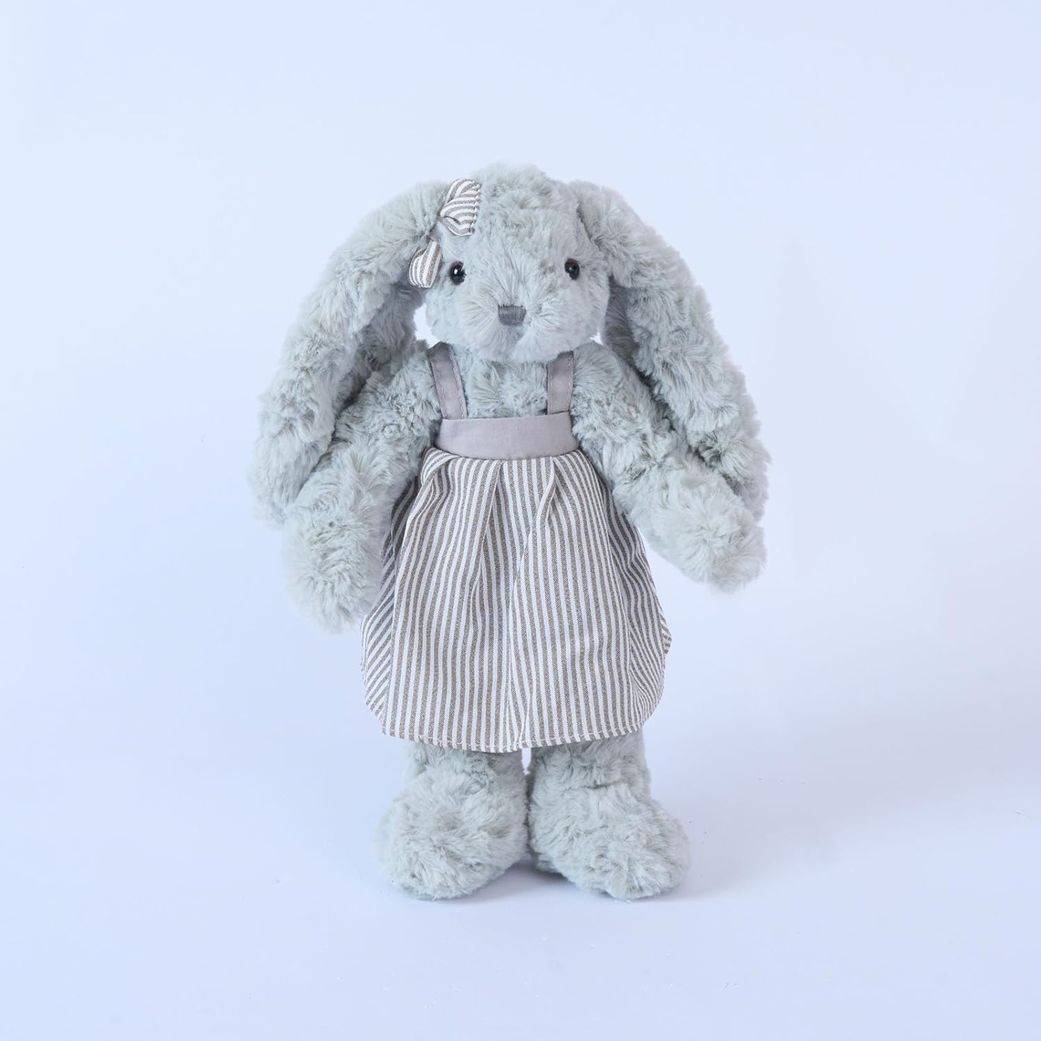Stuffed Animal Bunny Plush Toy - 12" Soft Rabbit Plushie for Baby Girls & Boys, Gray & White Striped Dress, Easter Bunny Gift, Modern Farmhouse Nursery Decor