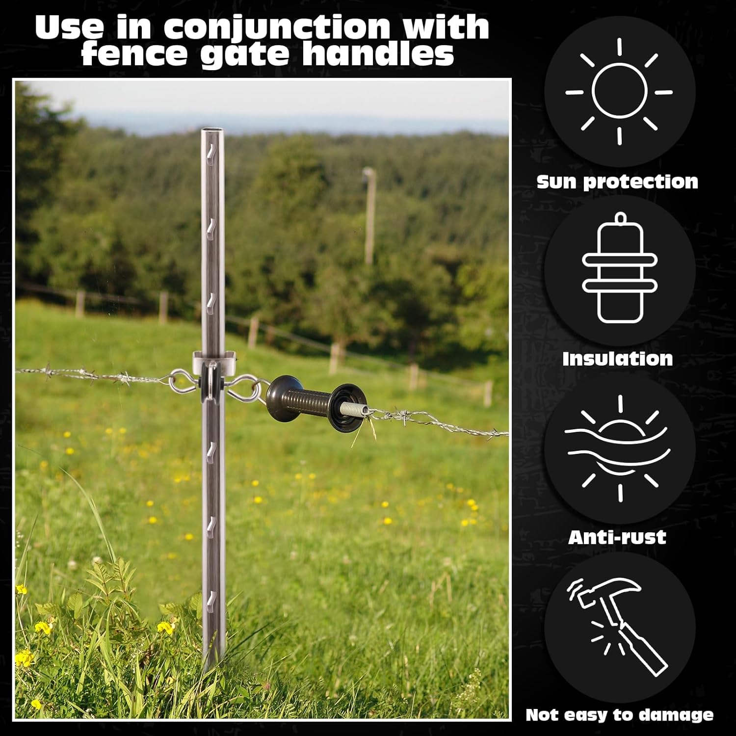 Gisafai 12 Pcs Electric Fence Gate Handles T Post Gate Handle Anchors Double Hook 2 Rings Steel Insulators with Easy Screws for Wire Electric Fence Wood Post Agricultural and Ranchers, Black