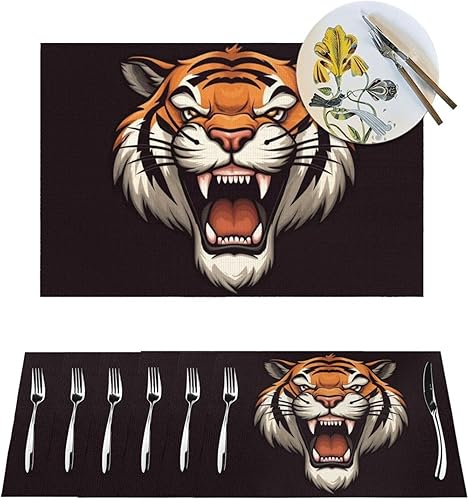 6 PCS PVC Placemats Set Place Mats Big Mouth Tiger Non-Slip Weave Place Mats 12" x 18" Farmhouse Table Mat Set for Family Dinners Wedding Parties