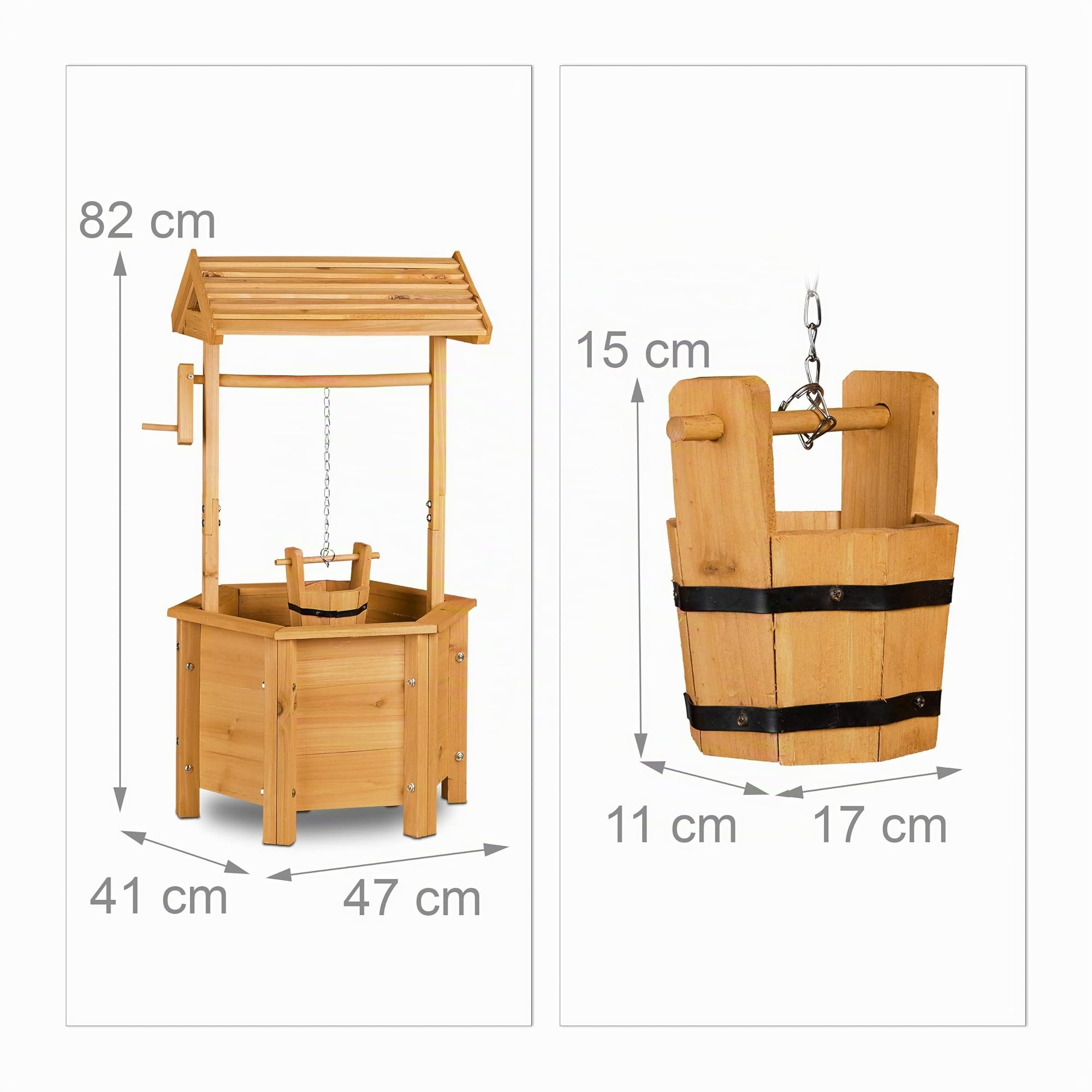Relaxdays Puit de décoration jardin en bois avec seau et manivelle HxlxP: 82 x 47 x 41 cm, nature