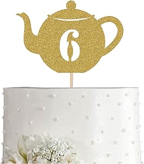 Teapot 6 Cake Topper, Gold Glitter Tea 6th Birthday Party Decoration, Supply