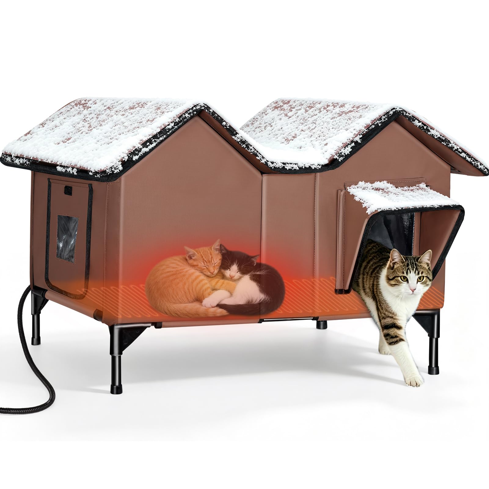 Large Heated Outdoor Cat House for Feral & Stray Cats, Weatherproof Insulated Cat Shelter for Outside Cats, Sturdy Winter Cat House with Escape Door and Heating Pad, Brown