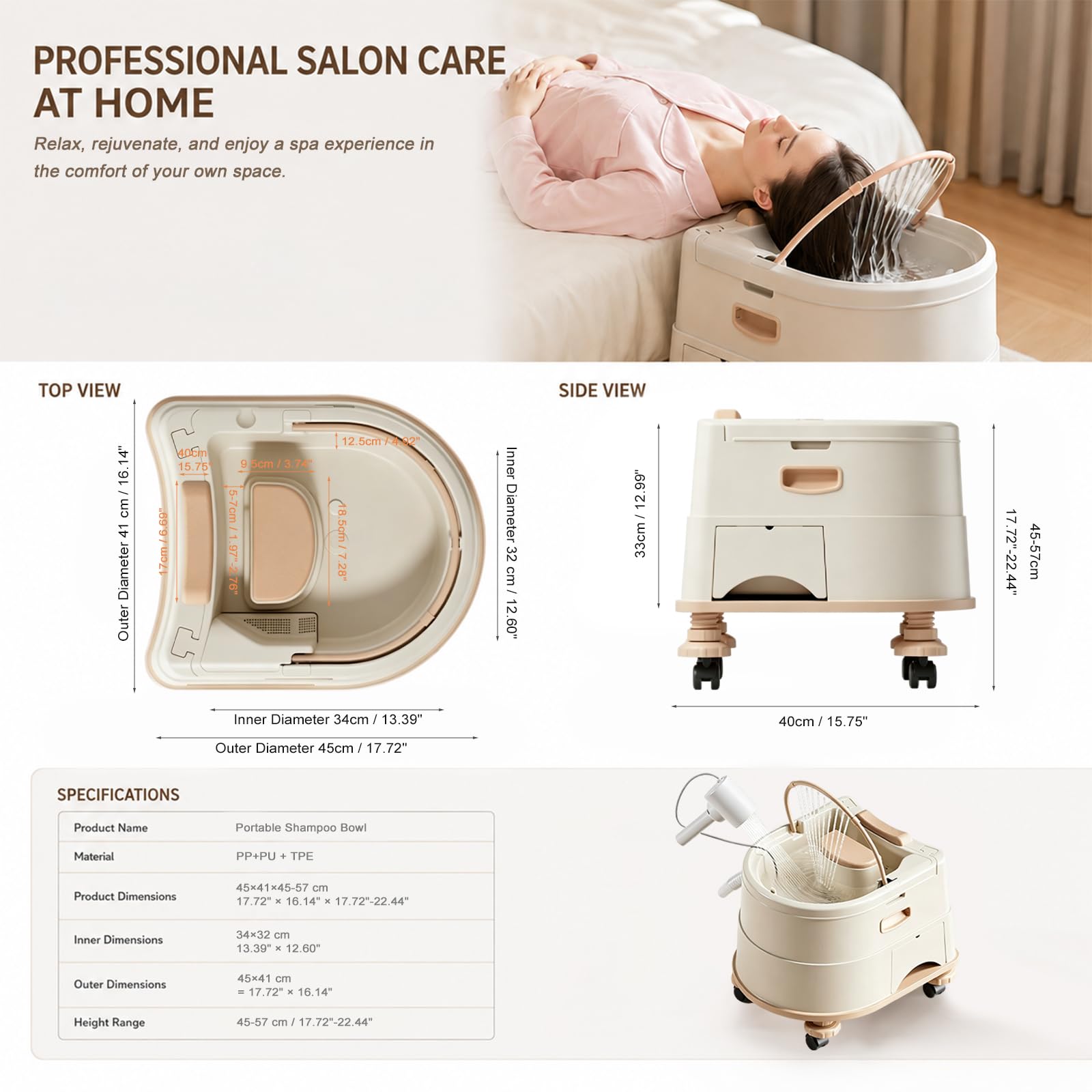 Lavacabezas Portátil para Cama, Lavabo de Peluquería Ajustable con Cojín de PU, Alcachofa de Ducha y Ruedas, Equipo de Head Spa Doméstico para Pelo Beige