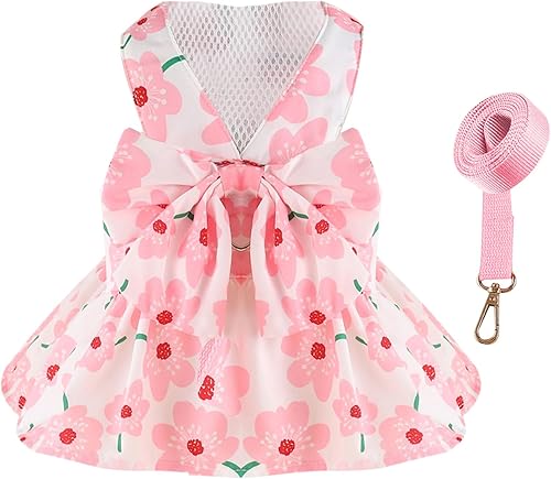 UETZLTB Juego de vestido y correa para perro pequeño, lindo vestido de princesa con lazo, para cachorros y gatos, ropa de verano para mascotas, ropa