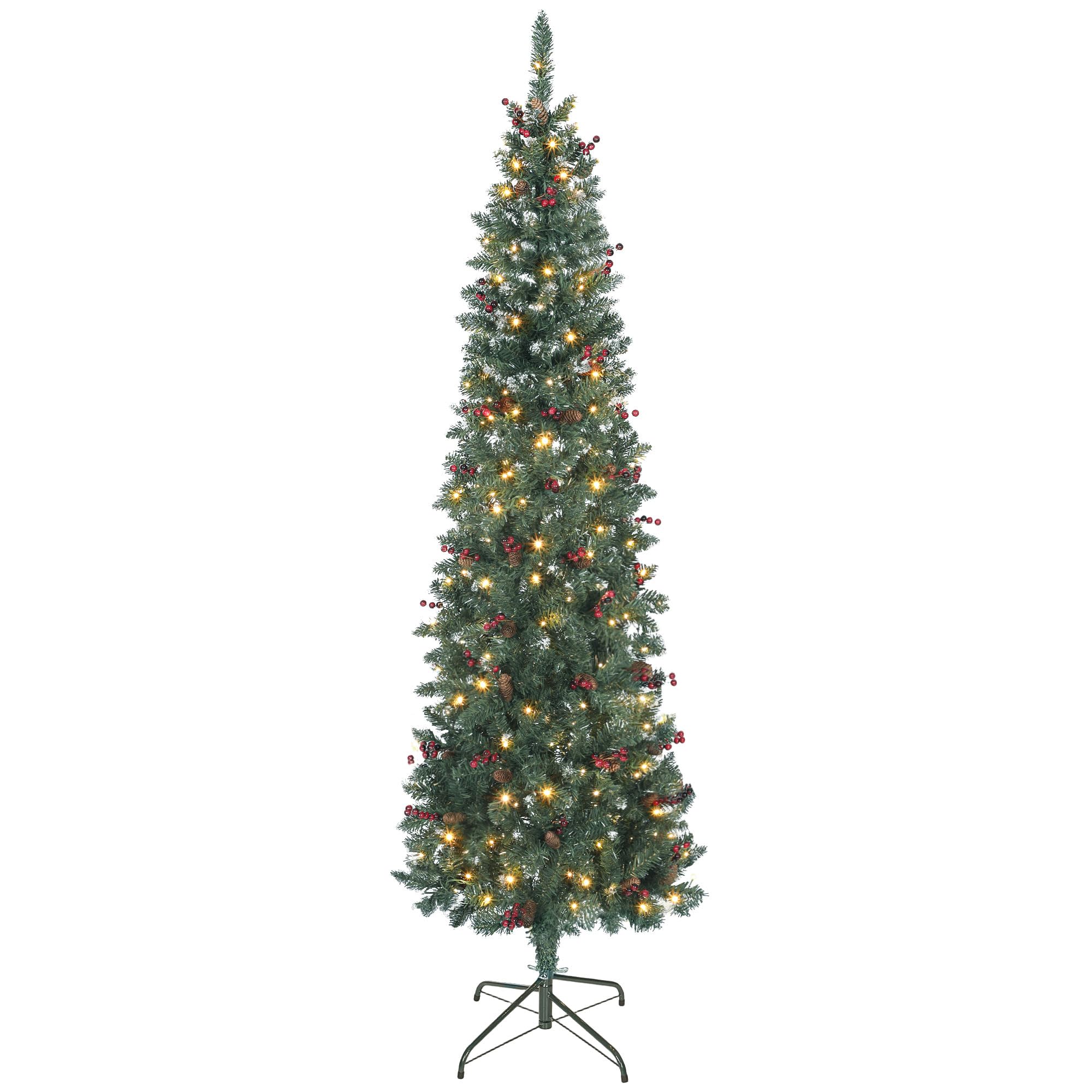 HOMCOM Árbol de Navidad Estrecho 210 cm con Luces LED Verde | Árbol de Navidad, 8 Modos de Iluminación, Ramas con Purpurina Plateada, Piñas, Bayas, Soporte Metálico