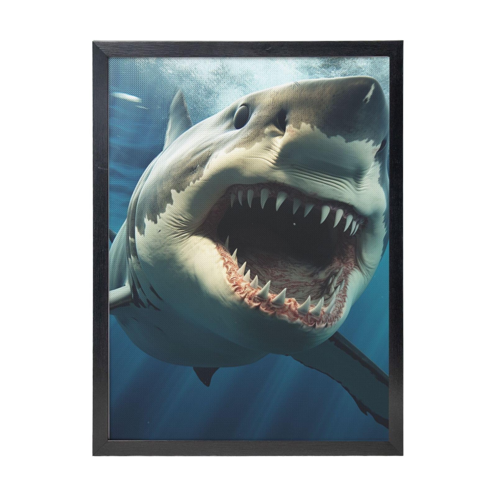 Framed Wall Art - Decorative Canvas Painting Shark Mouth Pictures Poster Aesthetic Modern Prints Artwork for Bedroom Office Wall Decor Ready To Hang 12x16 in