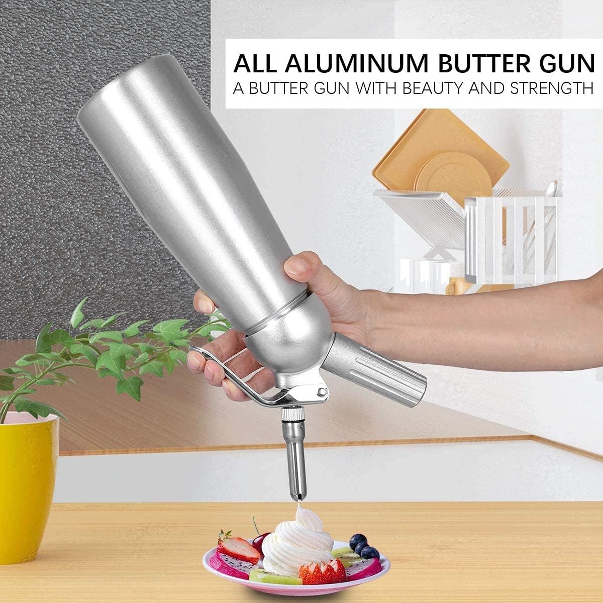 Whipped Cream Dispenser, Professional Grade Whipped Cream Maker Canister Gourmet Whip - Large 500ml / 1 Pint Capacity Canister - Includes 3 Culinary Decorating Nozzles