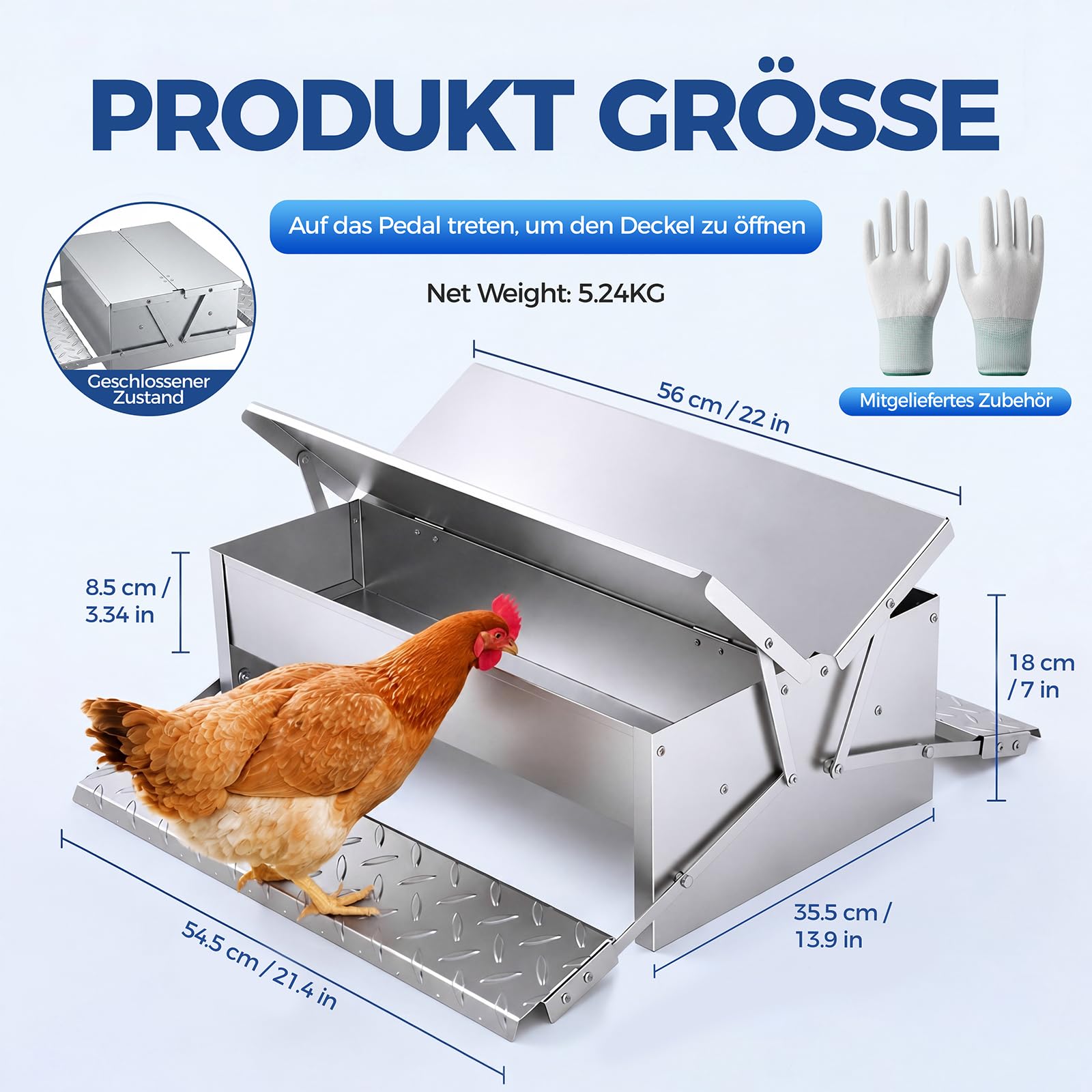 Automatischer Hühner Futterautomat, 15 kg Doppelseitiger Tritt-Hühnerfutter, Mit Rattensicher Wasserdicht Deckel, Edelstahl Futtertrog für Geflügel Hühner, Enten, Gänse, für Außenbereich/Stall/Hof