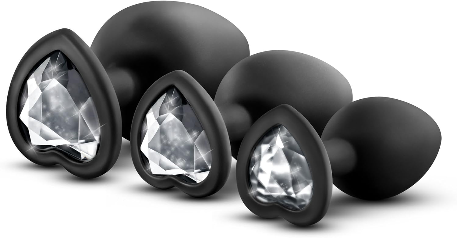 Blush - Luxe Bling Butt Plug 3 Piece Training Kit - Three Different Sizes - Heart Shape Base with Gems - Puria Silicone Anal Sex Toy - Black Faux Diamond