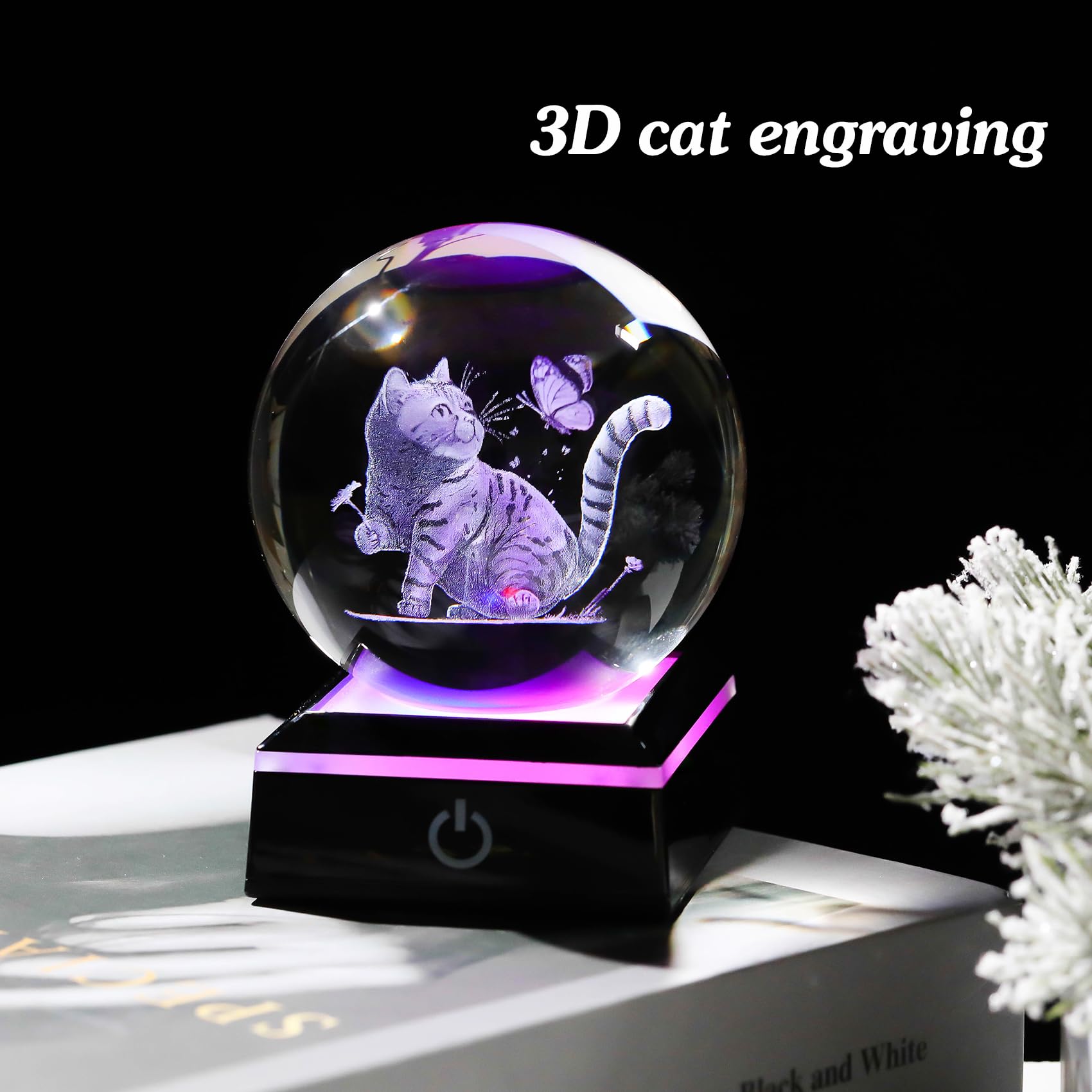 Movdyka Crystal 3D Cat and Butterfly Ball Figurine Gifts for Women Glass Paperweight 3.15in Sphere Decorative Ornaments for Room with LED Lights Keepsakes for Cat Lover Home Decor - Image 2