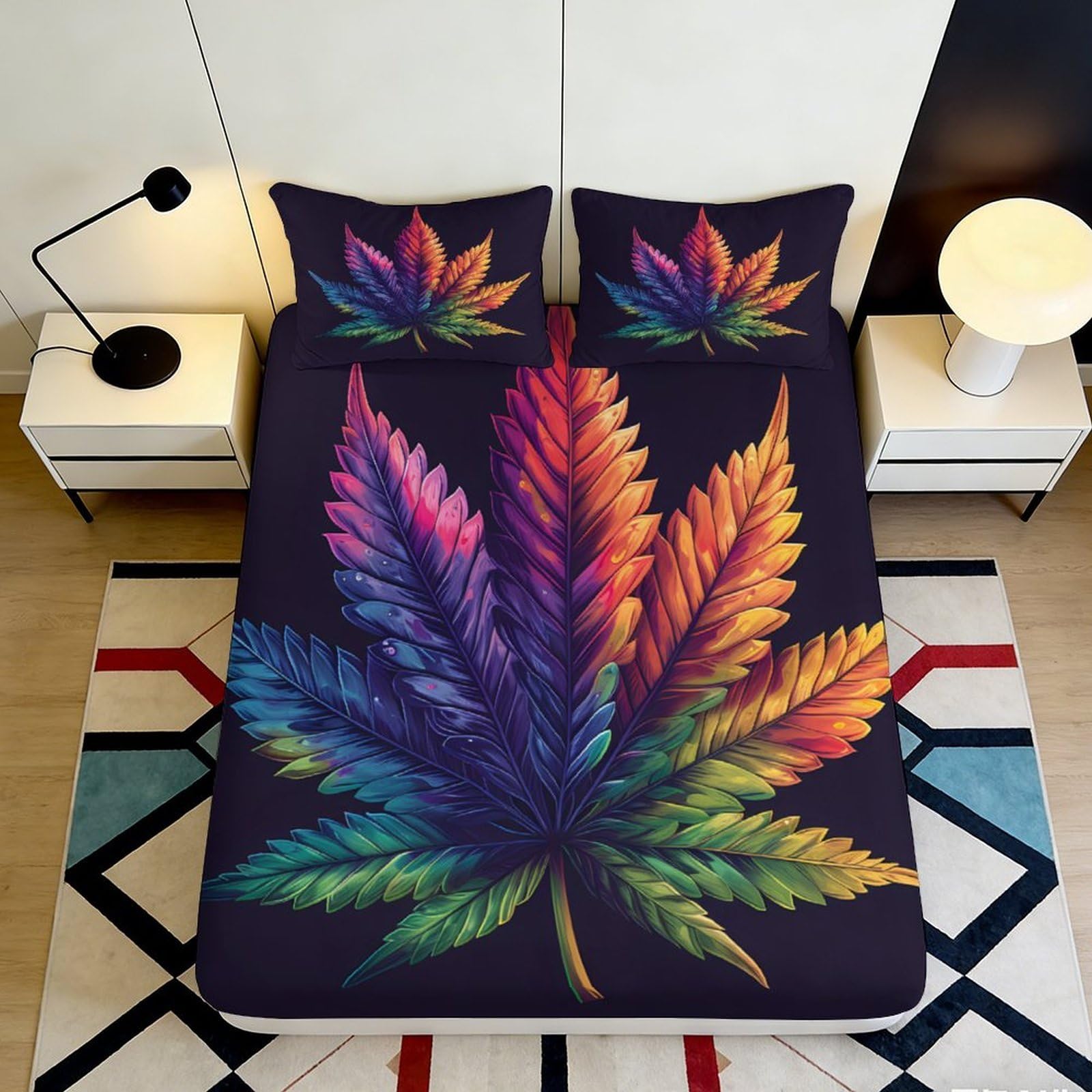 3D Printed Rainbow Leaf Fitted Sheet Microfiber Soft Decor Abstract Colorful Mattress Cover for Bedroom Guest Room 90x200x25cm