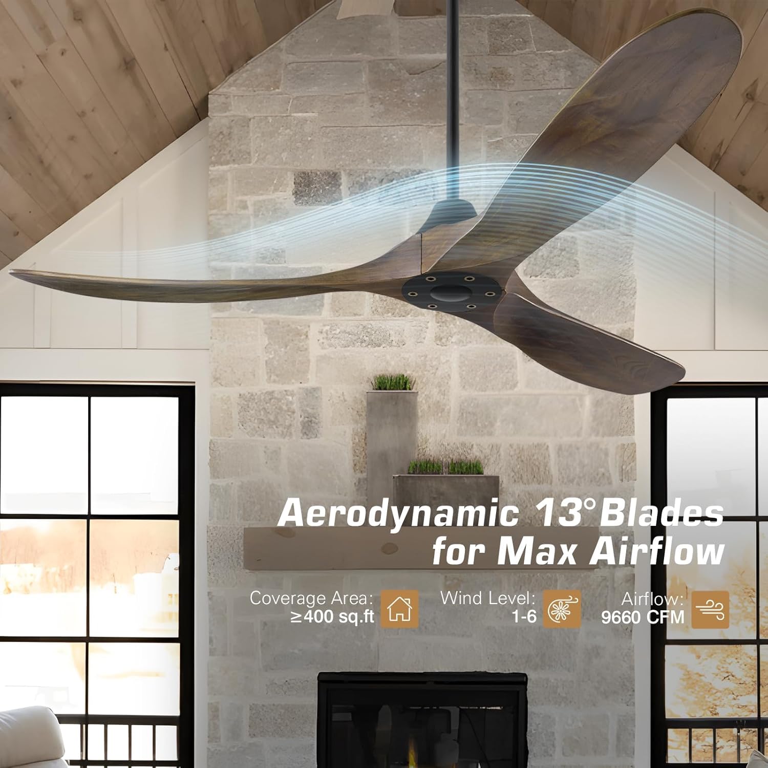 52 Inch Outdoor Ceiling Fan for Patios Damp Rated, Smart Wood 3 Blades Propeller Ceiling Fans No Light Quiet Reversible DC Motor with Large Airflow for Indoor Work with Alexa Voice/Google/App