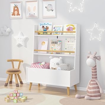 Kids Bookshelf with 4 Legs, Kids Wooden Storage Bookcase Book Display, Freestanding Shelves and Cube Organizer for Childrens Room, Playroom White, Legs