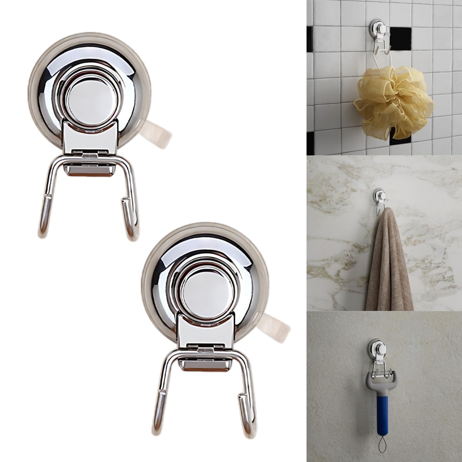 Boxonly Powerful Vacuum Suction Cup Hooks - Heavy Duty Stainless Steel Double Hooks for Shower (2 Pack), Chrome, 2Pcs