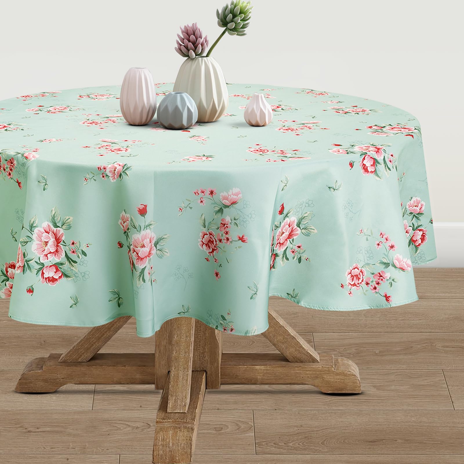 Nappe ronde fleurie verte 180x180cm de style campagne française