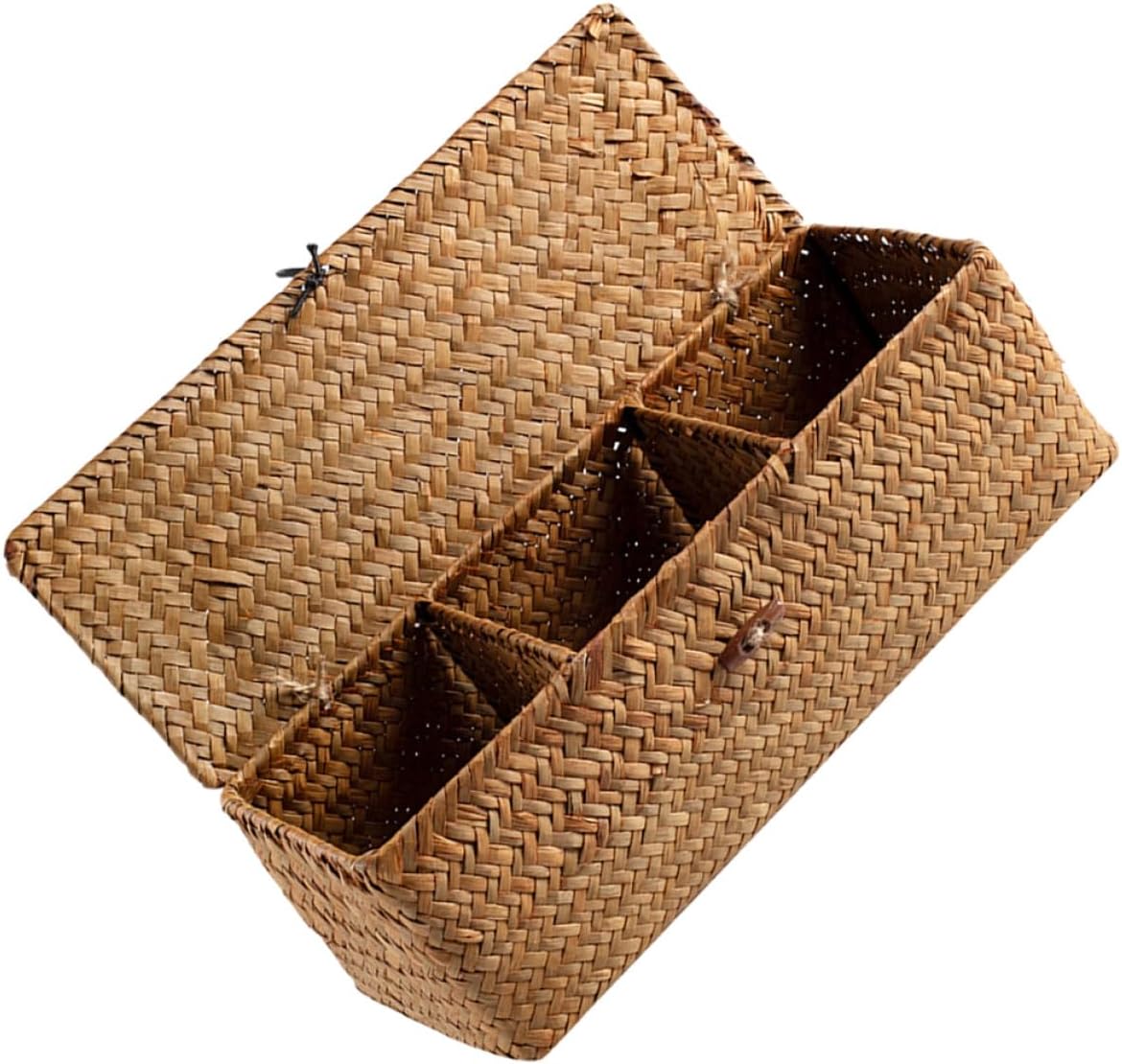 Woven Storage Basket with Lid, Straw Braided 3-compartment Desktop Organizer Box, Multifunctional Coffee Station and Tea Bag Storage Basket for Home Kitchen