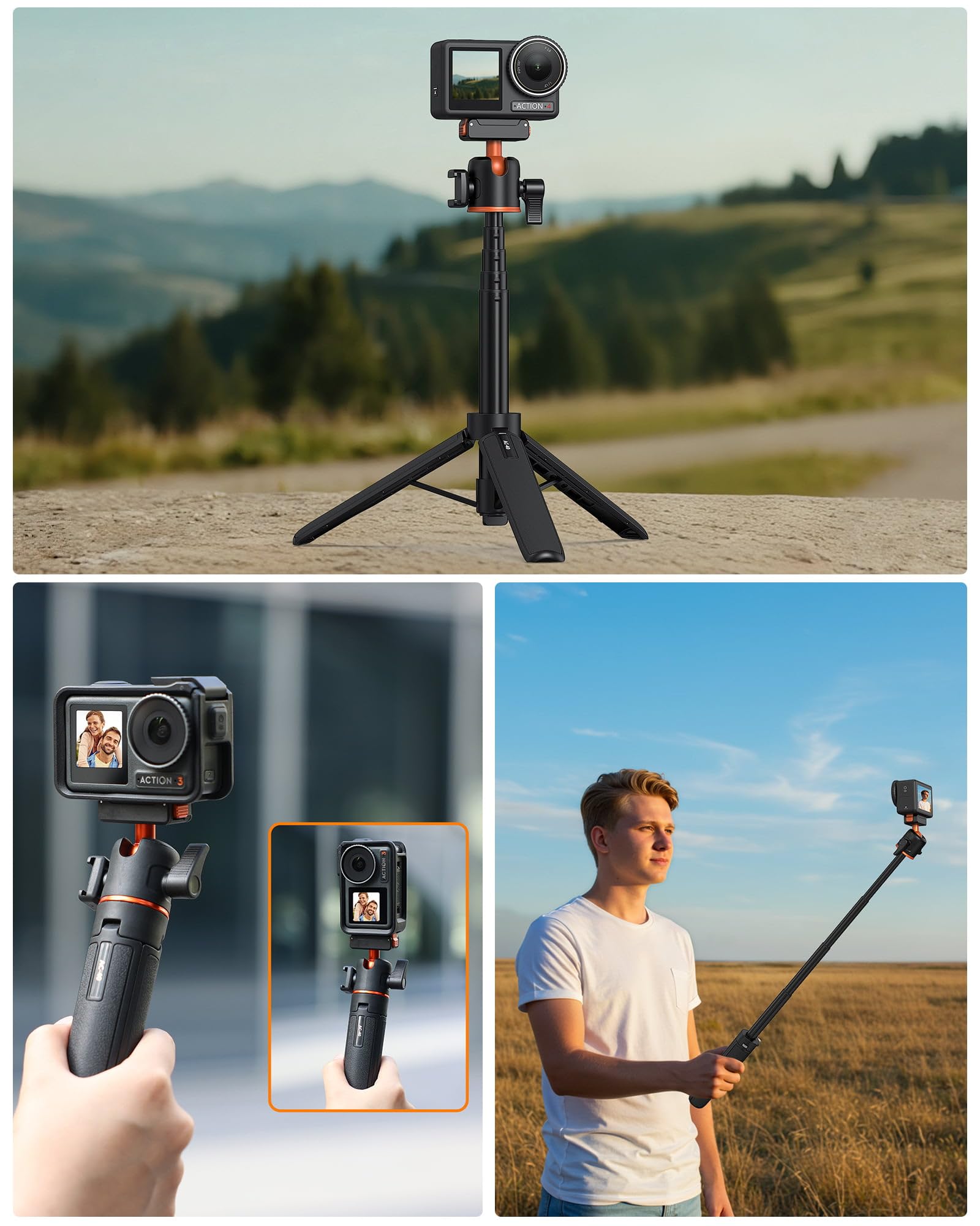 54 cm Selfie Stick Stativ für DJI Osmo Action 5 Pro/4/3, Osmo 360, 2-in-1 Kleines Tischstativ mit Kugelkopf & Verlängerungsstab, Reise Vlog Handgriff/Ausziehbares Einbeinstativ/Halterung/Zubehör