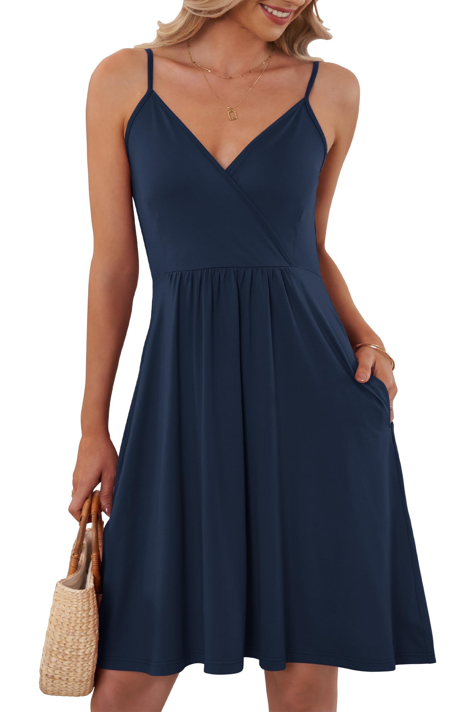 AUSELILY Women's Summer Casual Swing Sleeveless V Neck Dresses with Pockets Navy Blue XXL