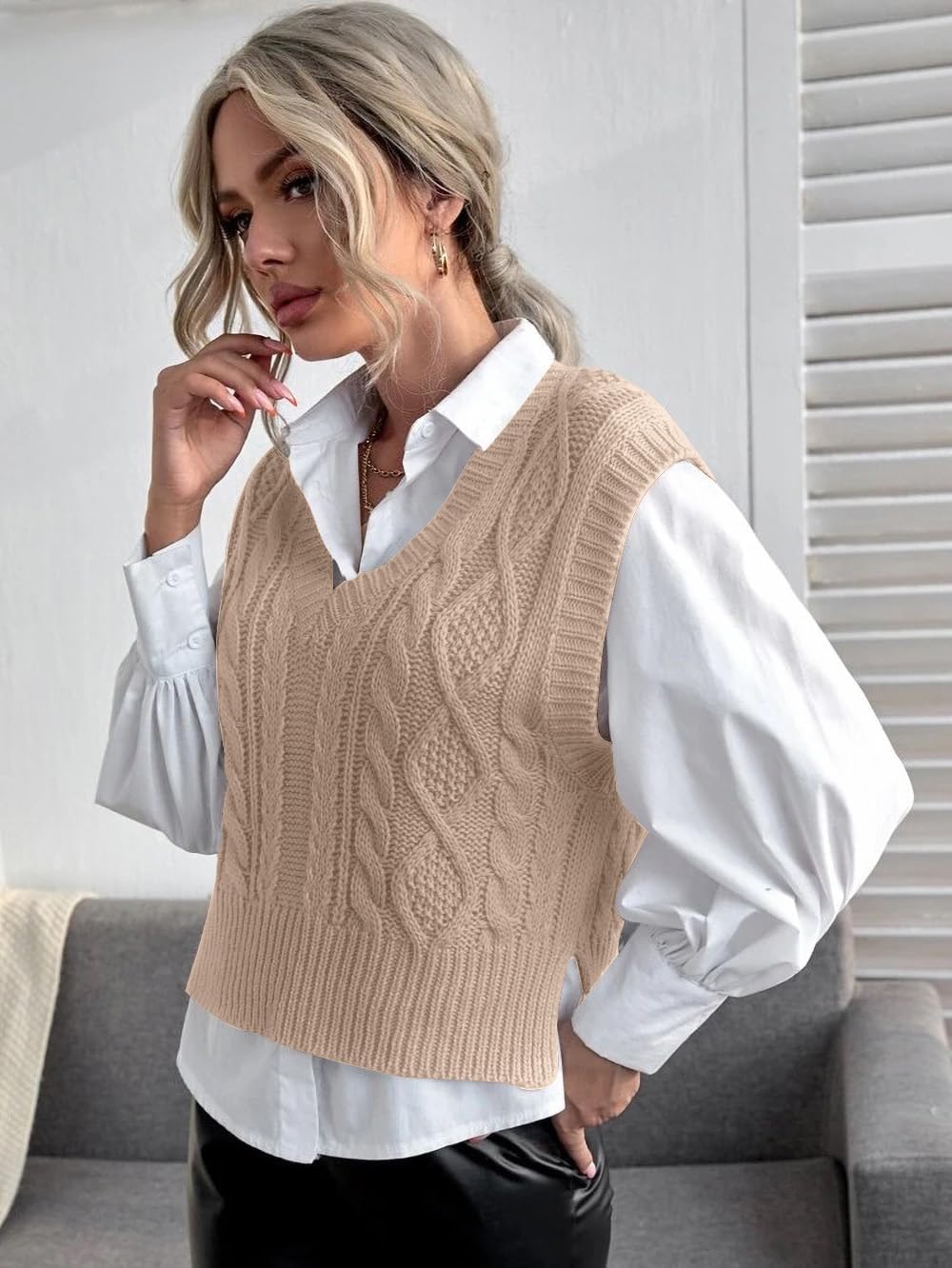 Jumppmile Womens V Neck Sweater Vest Sleeveless Pullover Crop Sweater Vest - Image 4