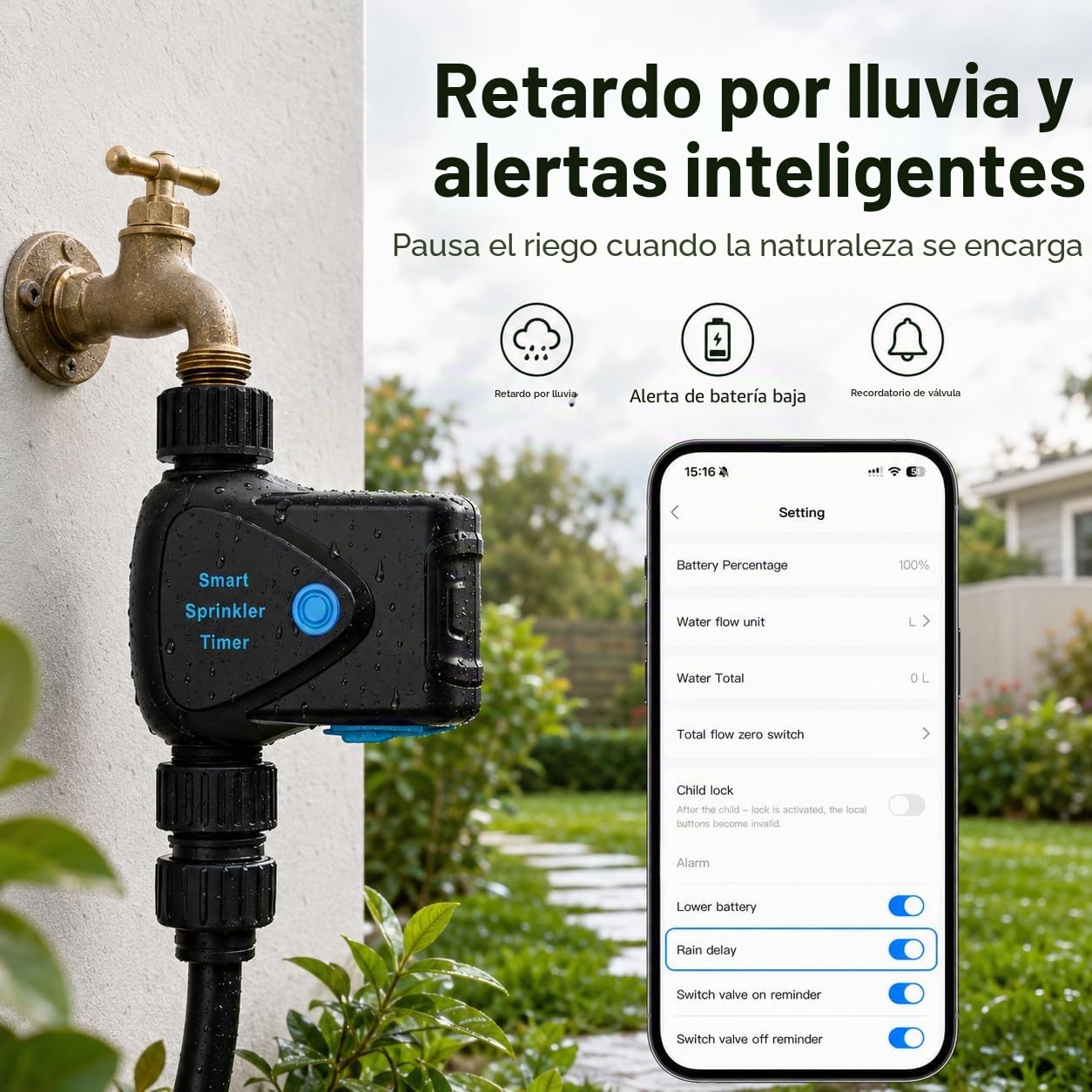 Temporizador de Riego WiFi con Medidor de Agua Integrado, Programador de Riego Inteligente sin Hub, Control por App 2,4 GHz, Riego por Volumen, Programación, IP65 para Jardín Césped Invernadero