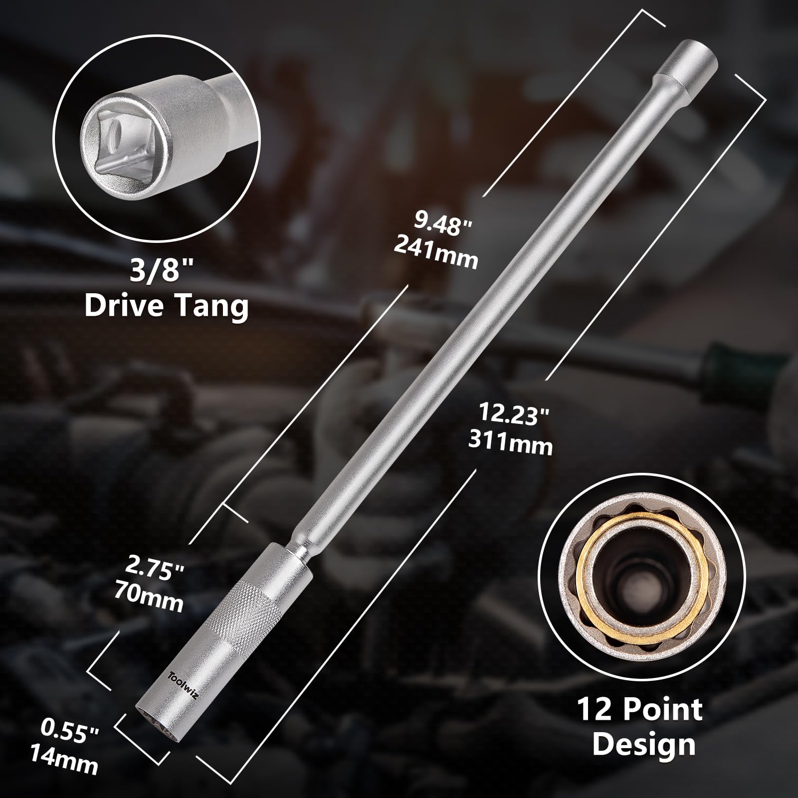 Toolwiz Gniazdo świecy zapłonowej 14 mm z przedłużeniem 31 cm, napęd 3/20.3 cm, 12-punktowy, obrotowy 360 stopni, cienkościenne, magnetyczne gniazdo świecy zapłonowej, pasuje do większości pickupów